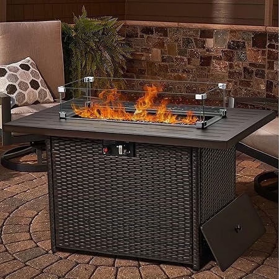 LayinSun 44" Propane Gas Fire Pit Table, 55000 BTU Rectangular Fire Pit with Glass Wind Guard for Outside Patio Deck Garden Backyard