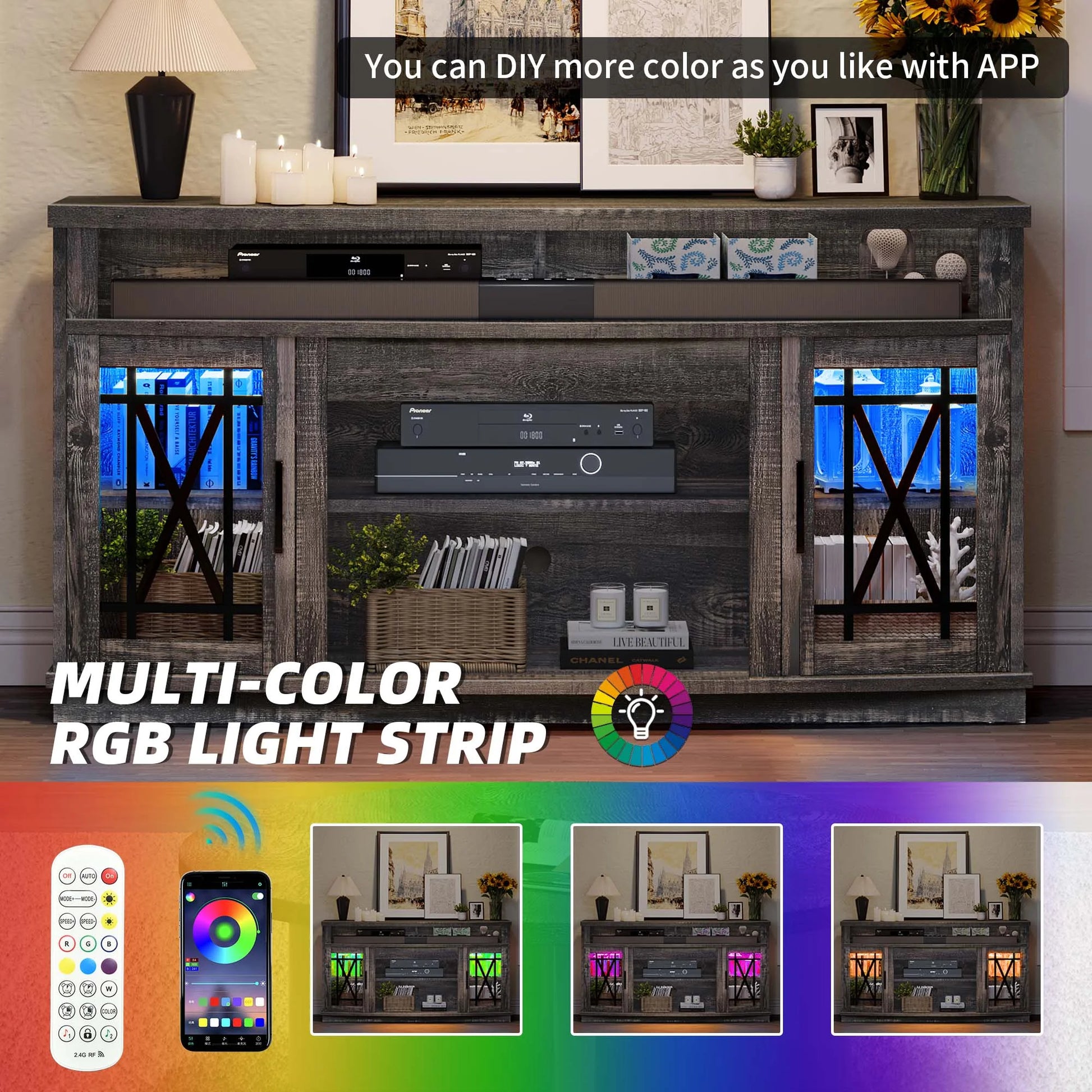 Dextrus TV Stand with LED Lights for TVs up to 70", Entertainment Center Media Console Cabinet with Glass Door, Rustic Gray
