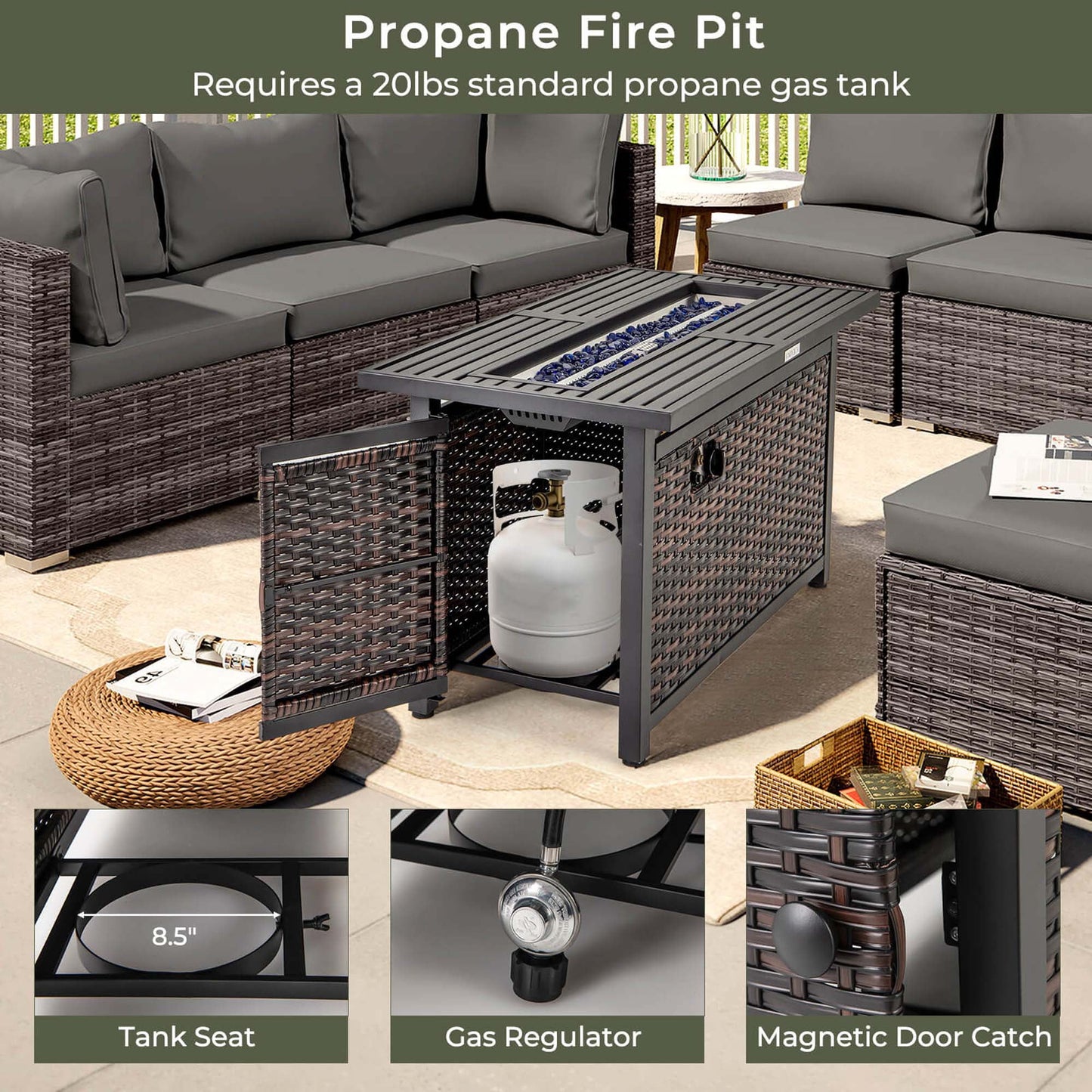 Costway 45" Propane Rattan Firepit Table with Glass Stones & Protective Cover Metal Frame