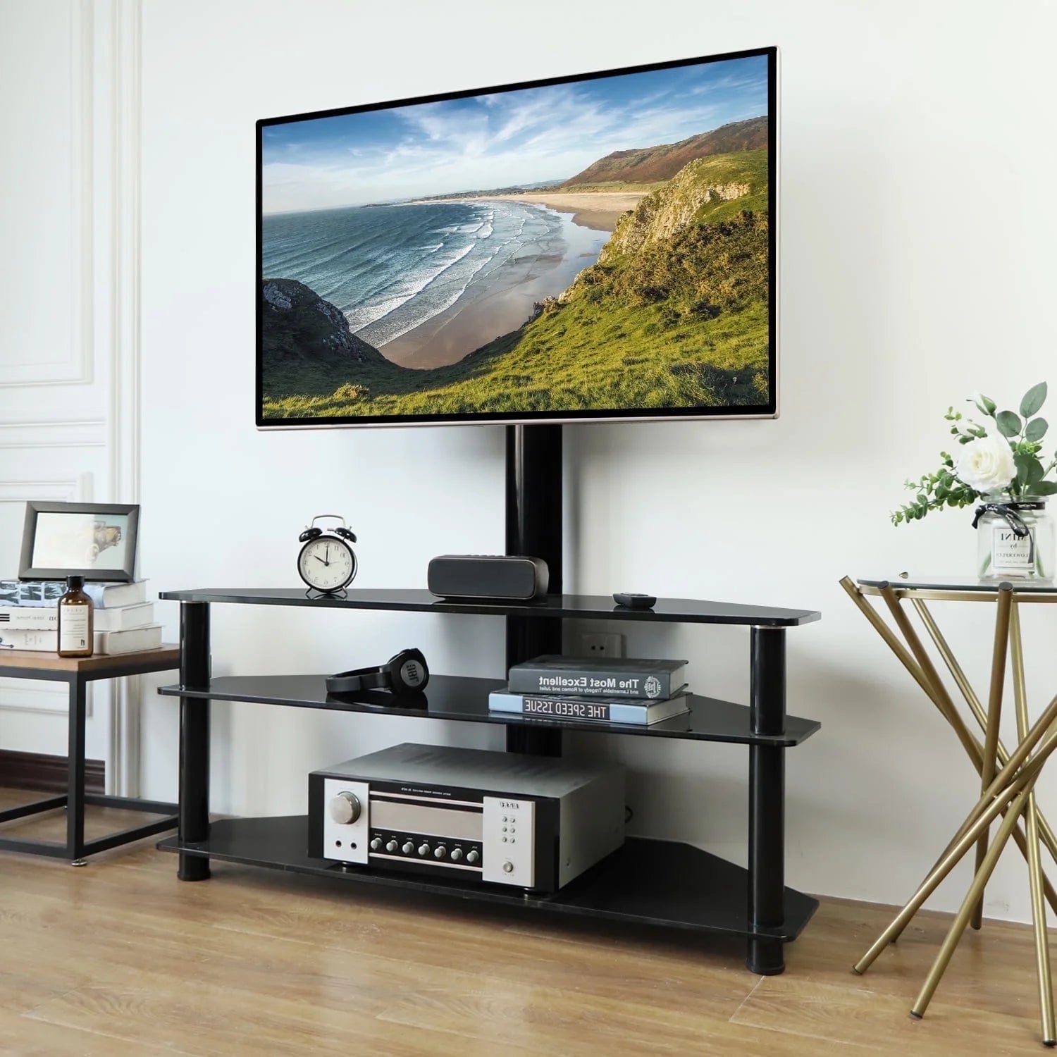 RTVR Modern 3-in-1 Flat Panel TV Stand for TVs up to 75 inch, Black Glass Shelves Table with Swivel Mount