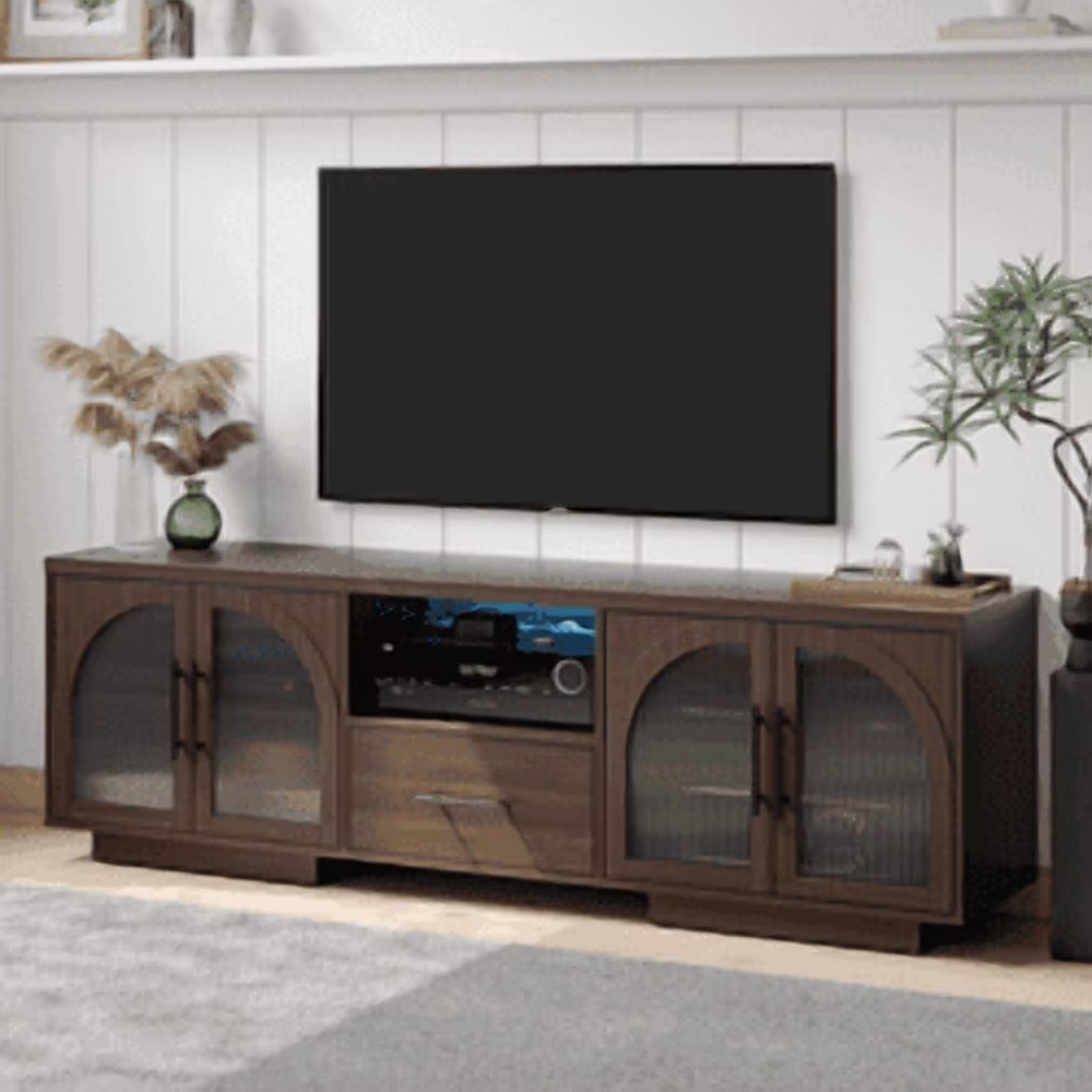 TV Stand for 75 inch TV, LED TV Stand for Living Room,70" Entertainment Center with Arched Glass Doors, Faux Marble Wood Finish Top, Adjustable Shelves, and LED Lighting, Black