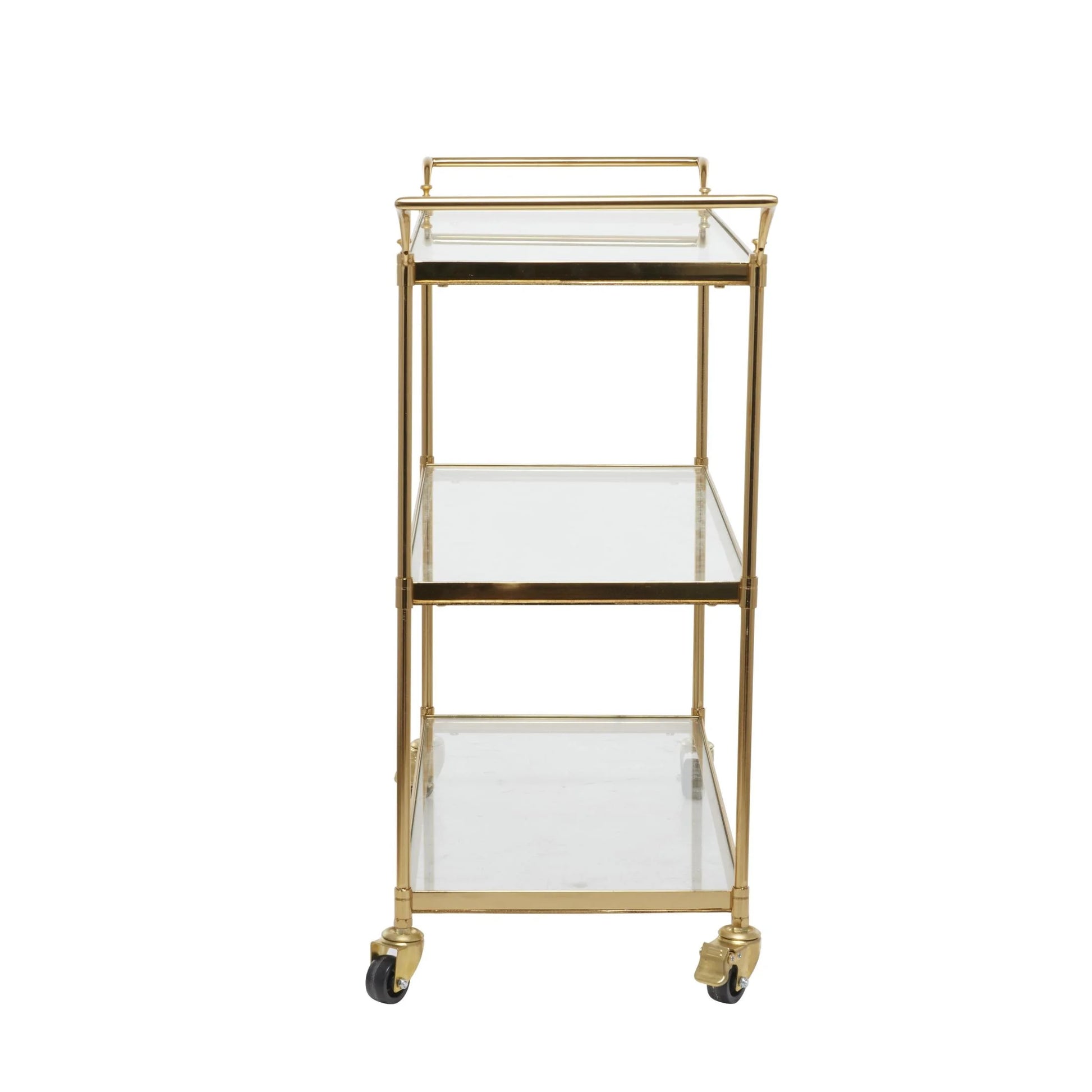 DecMode Traditional 3 Tier Gold Metal Bar Cart with Transparent Glass Shelves, 38"W x 31"H