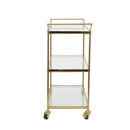 DecMode Traditional 3 Tier Gold Metal Bar Cart with Transparent Glass Shelves, 38"W x 31"H