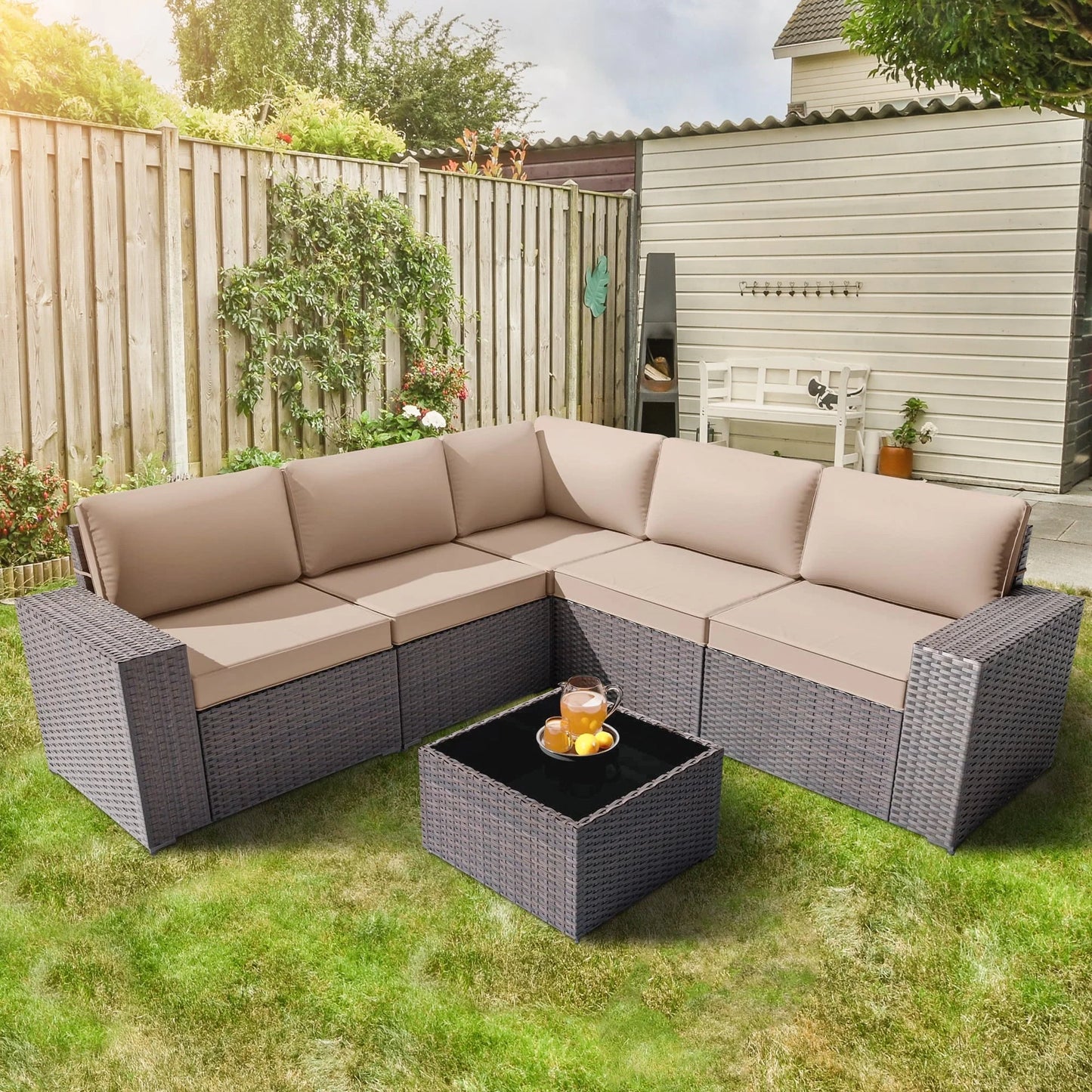 Grezone 6 Pieces Patio Outdoor Furniture Sets All Weather Wicker Sectional Sofa Couch Lawn Sectional Furniture with Washable Couch Cushions and Black glass Wicker Table (Cream)