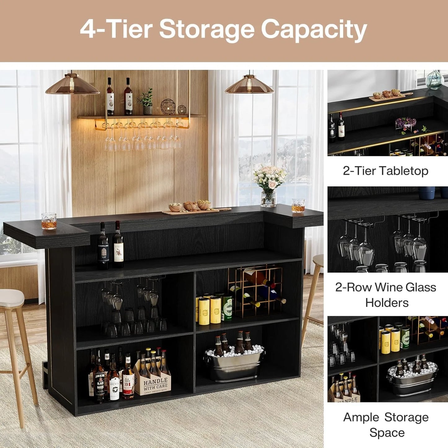 Tribesigns 4-Tier Bar Table, 70.9-Inch Large Home Bar Cabinet with Wine Glass Holder and Black Footrest, for Kitchen, Dining Room, Living Room, Pub, Rustic Brown
