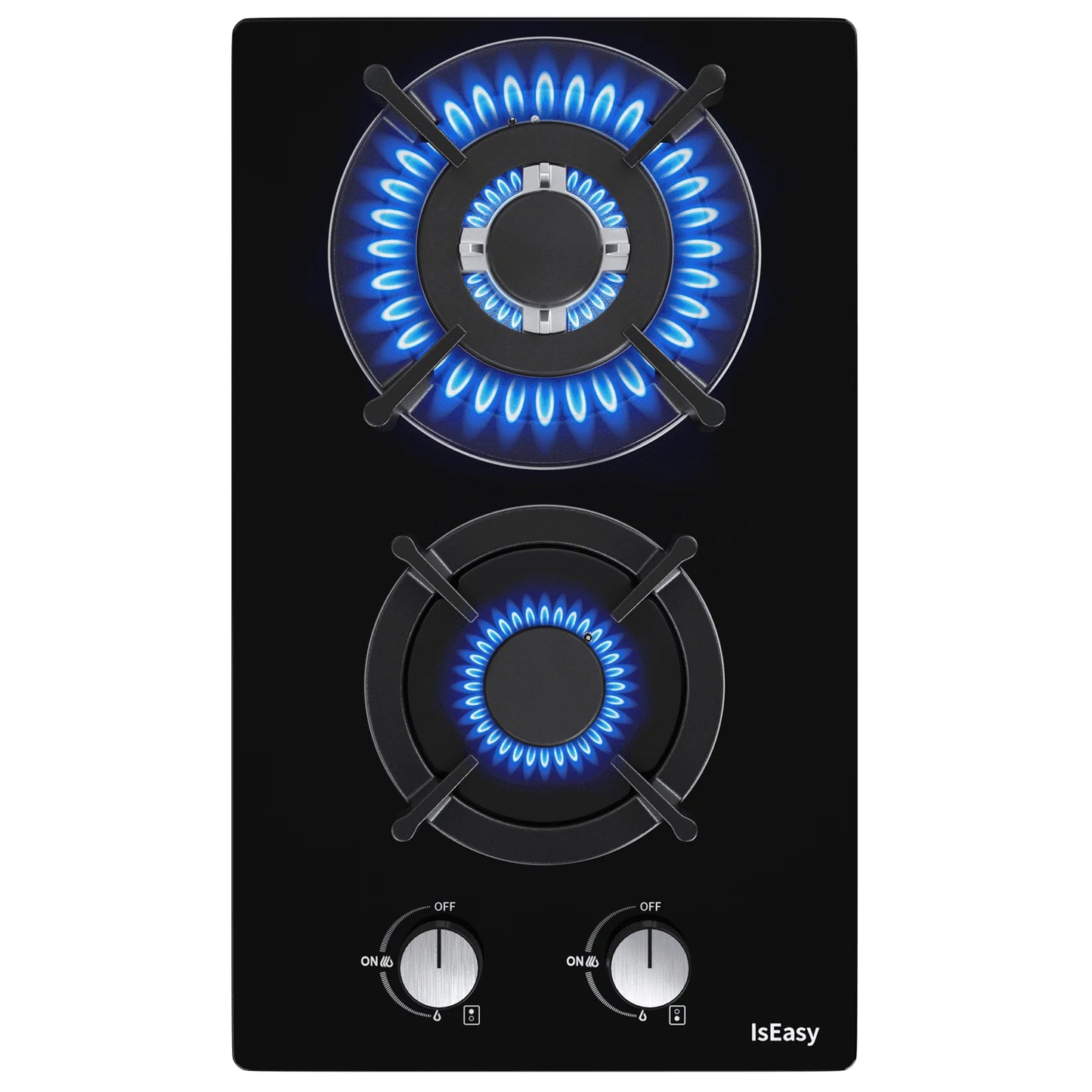IsEasy Tempered Glass Gas Cooktop, 12” 2 Burners 120V Built-in Gas Hob Suitable For Dual Fuel LPG/NG, Thermocouple Protection