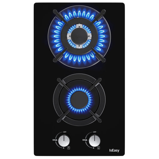 IsEasy Tempered Glass Gas Cooktop, 12” 2 Burners 120V Built-in Gas Hob Suitable For Dual Fuel LPG/NG, Thermocouple Protection