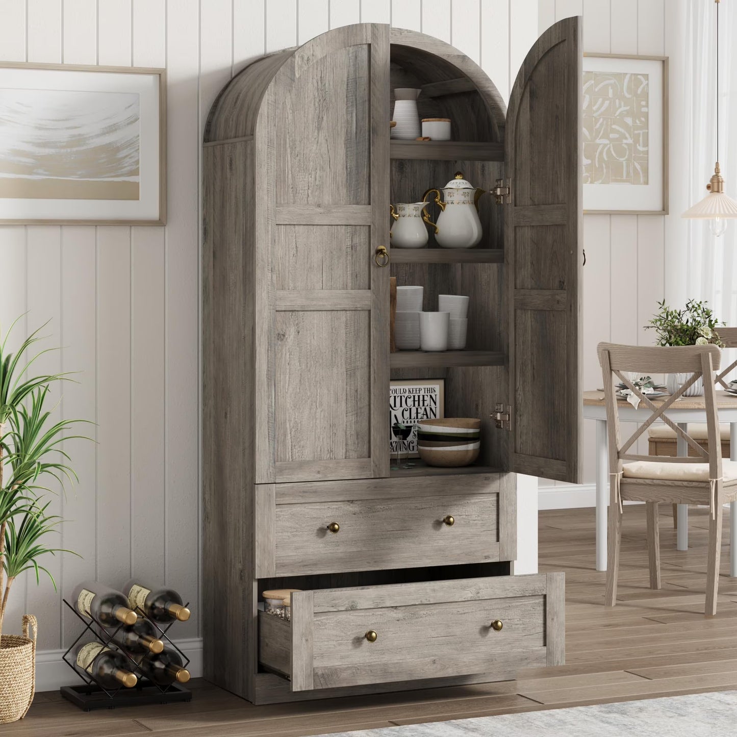 72" Tall Arched Kitchen Pantry Cabinet,Farmhouse Wood Pantry Storage Cabinet with 2 Large Drawers,Glass Door,Freestanding Versatile Pantry Cabinets Kitchens Storage Cabinets for Dining,Living Room