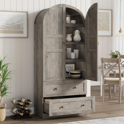72" Tall Arched Kitchen Pantry Cabinet,Farmhouse Wood Pantry Storage Cabinet with 2 Large Drawers,Glass Door,Freestanding Versatile Pantry Cabinets Kitchens Storage Cabinets for Dining,Living Room