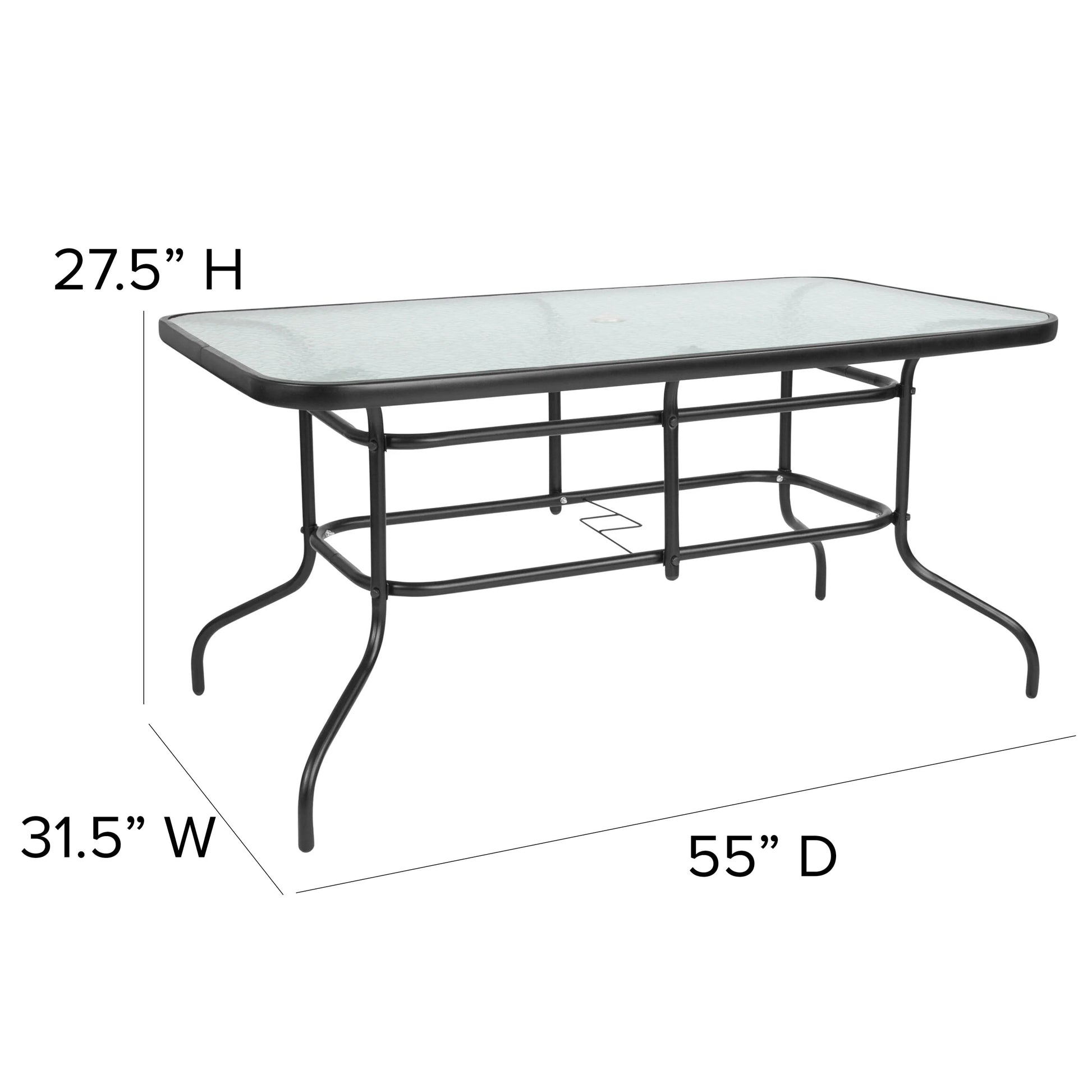 Emma + Oliver 7 Piece Patio Table & Chairs Set with 31.5"x55" Rectangular Metal Table with Tempered Glass Top and 6 Black Aluminum Stacking Chairs