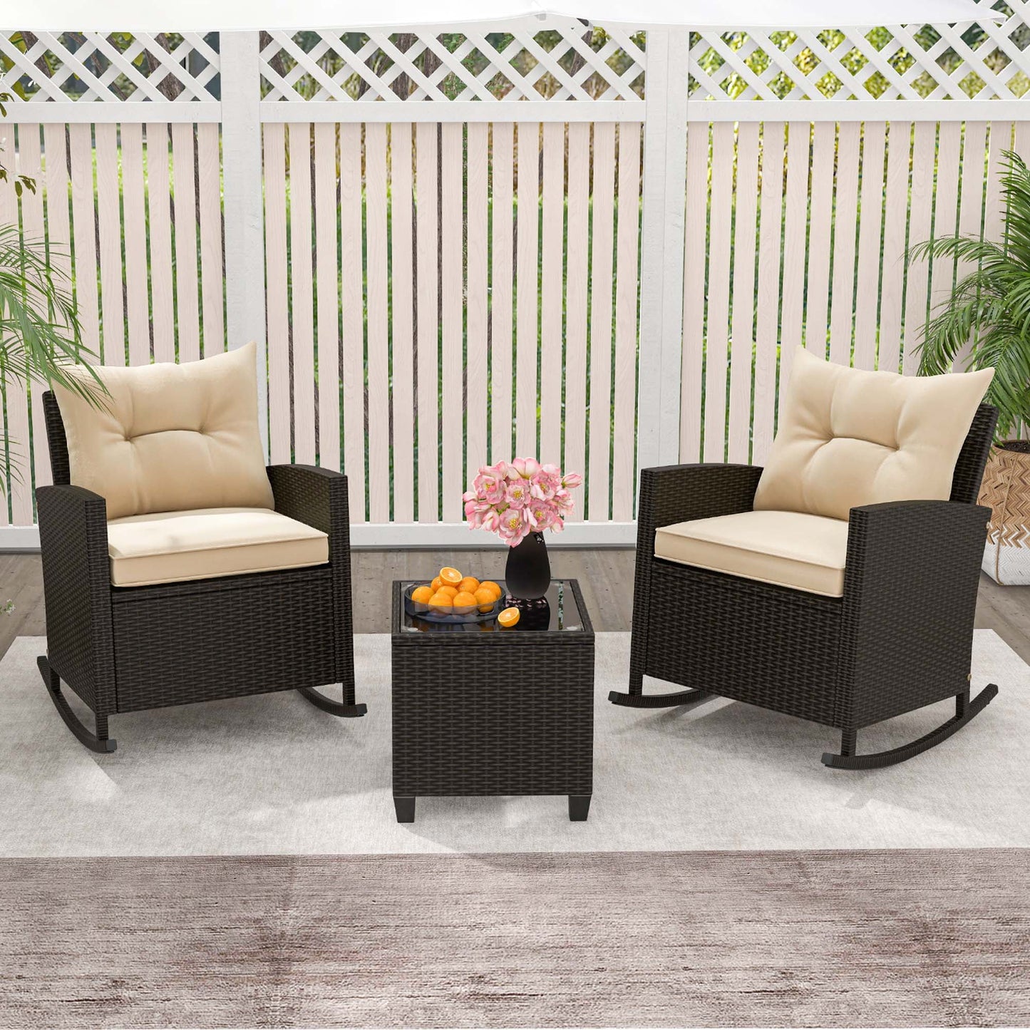 Costway 3 PCS Patio Wicker Rocking Set with Tempered Glass Table & Soft Cushions Outdoor Beige