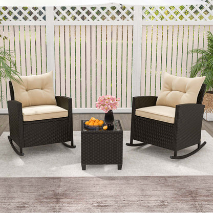 Costway 3 PCS Patio Wicker Rocking Set with Tempered Glass Table & Soft Cushions Outdoor Beige