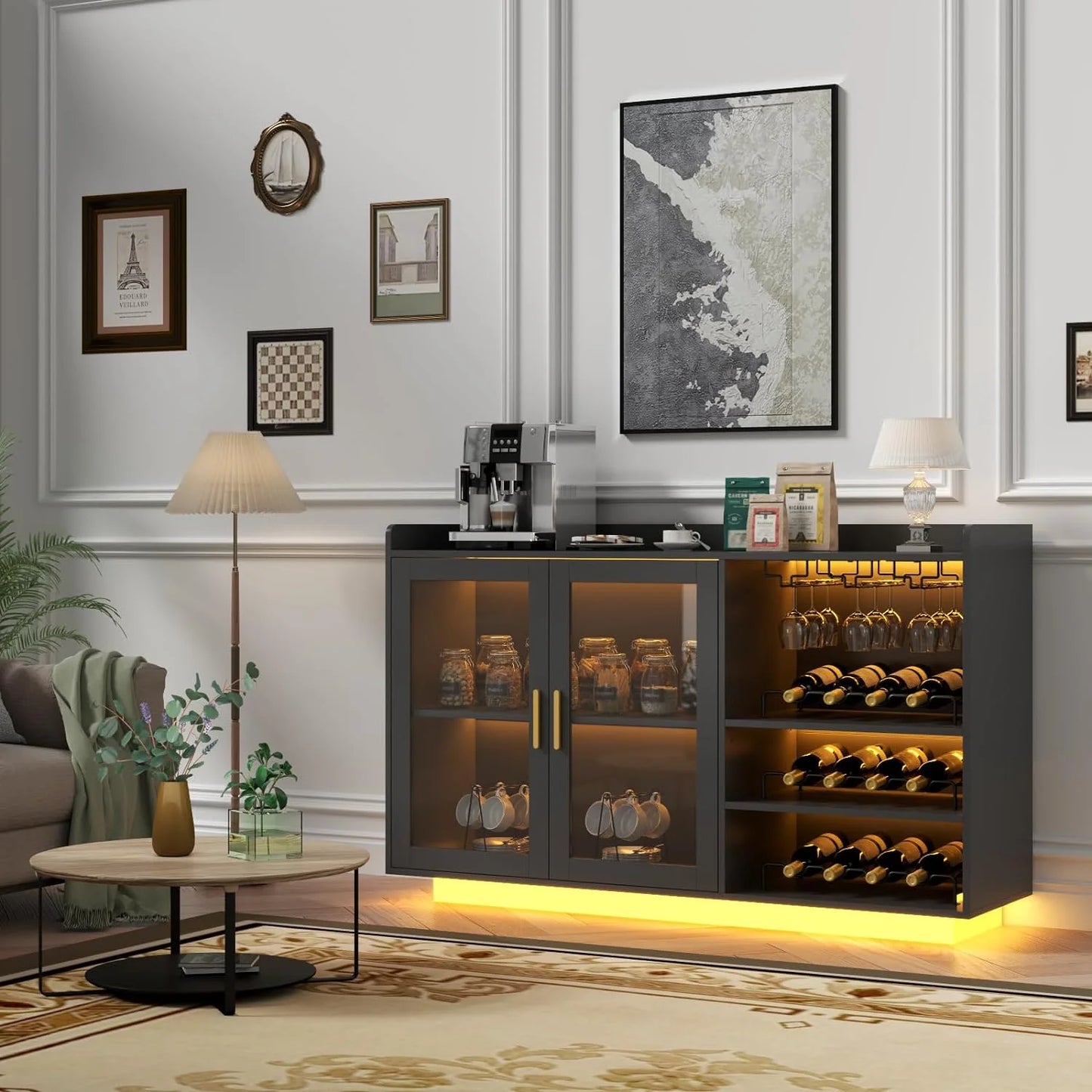 Wine Bar Cabinet with LED Lights, Floating Coffee Bar with Glass Rack and Removable Wine Racks, Modern Buffet Sideboard with Storage Shelves, Kithchen Bar with Glass Cabinet Doors
