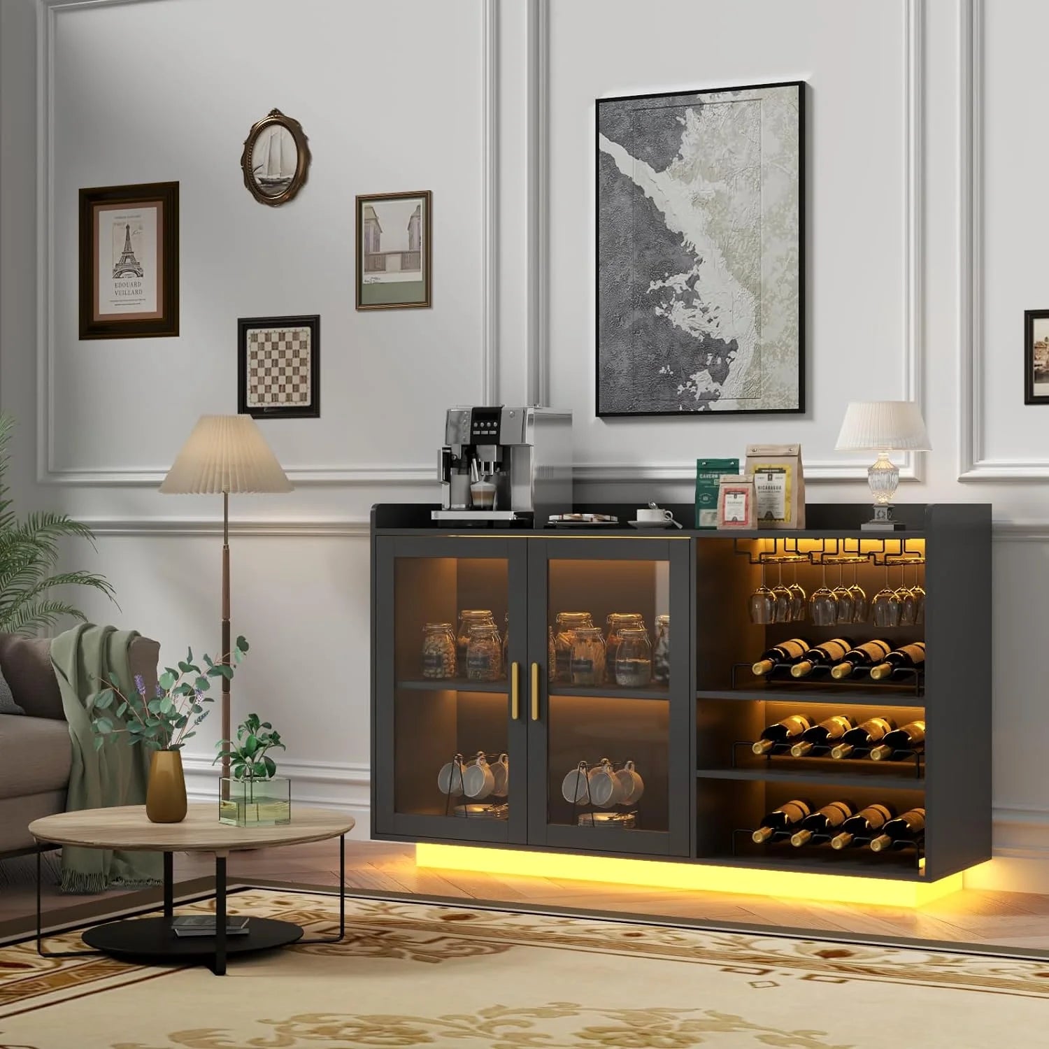 Wine Bar Cabinet with LED Lights, Floating Coffee Bar with Glass Rack and Removable Wine Racks, Modern Buffet Sideboard with Storage Shelves, Kithchen Bar with Glass Cabinet Doors