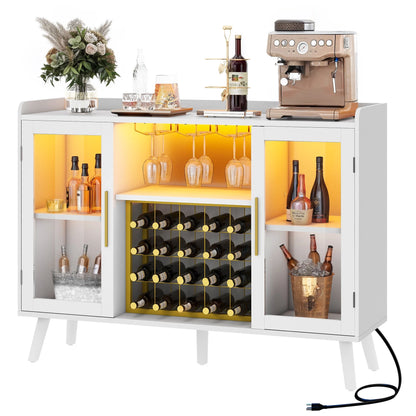 DEXTRUS Wine Bar Cabinet with Power Outlet & LED Light, Cabinet with Wine Rack & Glass Holder, White