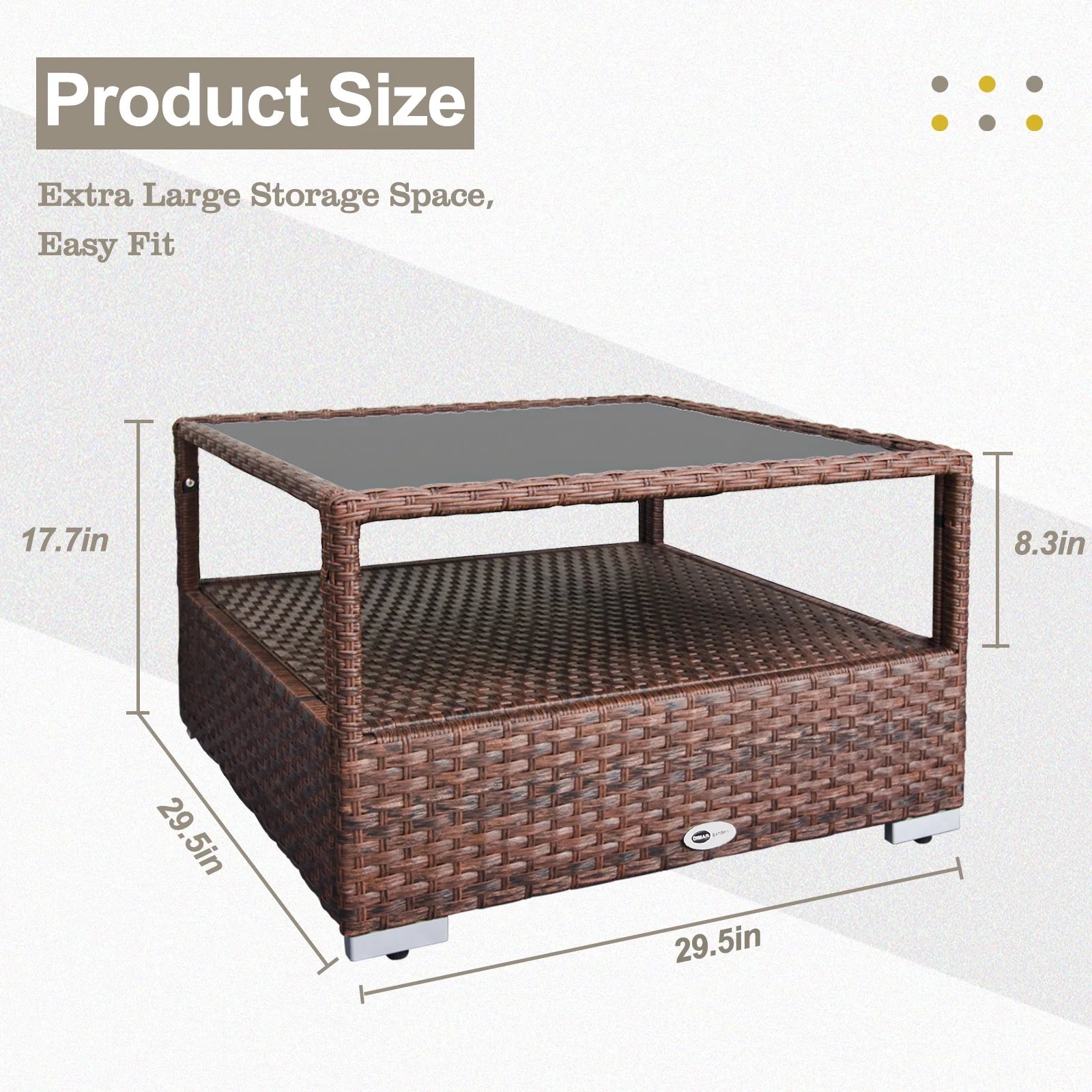 DIMAR GARDEN Outdoor Wicker Coffee Table with Glass top and Storage, Mixed Brown