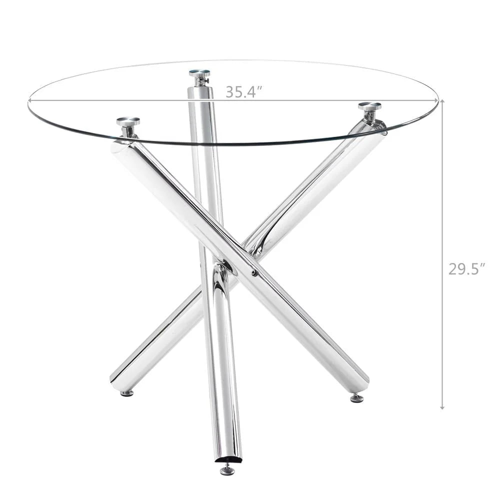 Ktaxon 5 Piece Round Dining Table Set, Modern Kitchen Table and Chairs for 4 Person Clear Tempered Glass Top