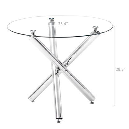 Ktaxon 5 Piece Round Dining Table Set, Modern Kitchen Table and Chairs for 4 Person Clear Tempered Glass Top
