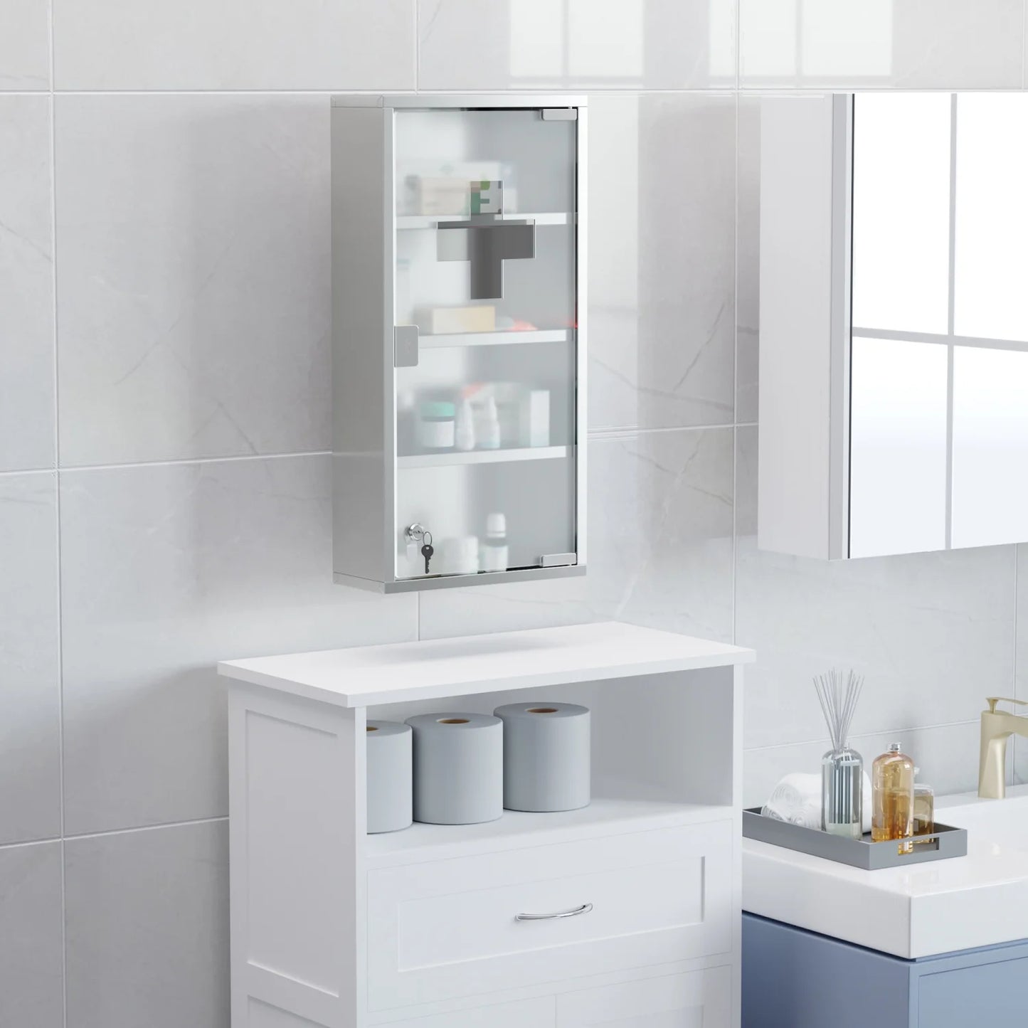 Wall Mounted Medicine Cabinet, with 4 Tier Shelves, Stainless Steel Frame and Glass Door