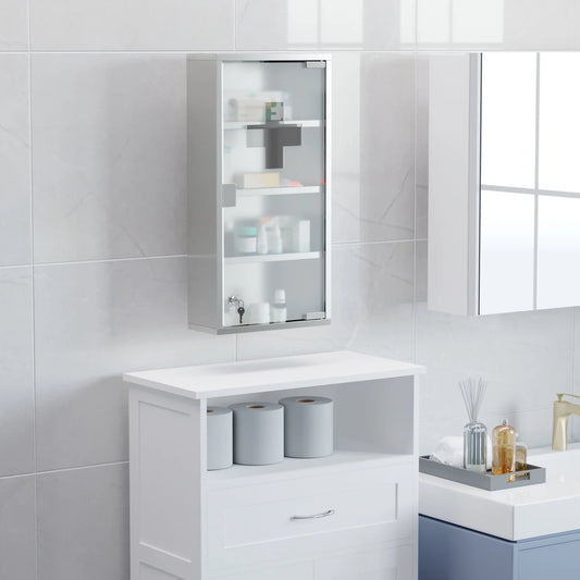 Wall Mounted Medicine Cabinet, with 4 Tier Shelves, Stainless Steel Frame and Glass Door