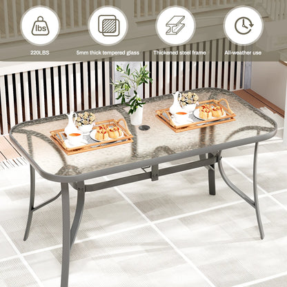 Pirecart Outdoor Glass Table with Umbrella Hole, Patio Dining Table for 6, for Garden, Balcony, Backyard, Poolside, Lawn, Gray