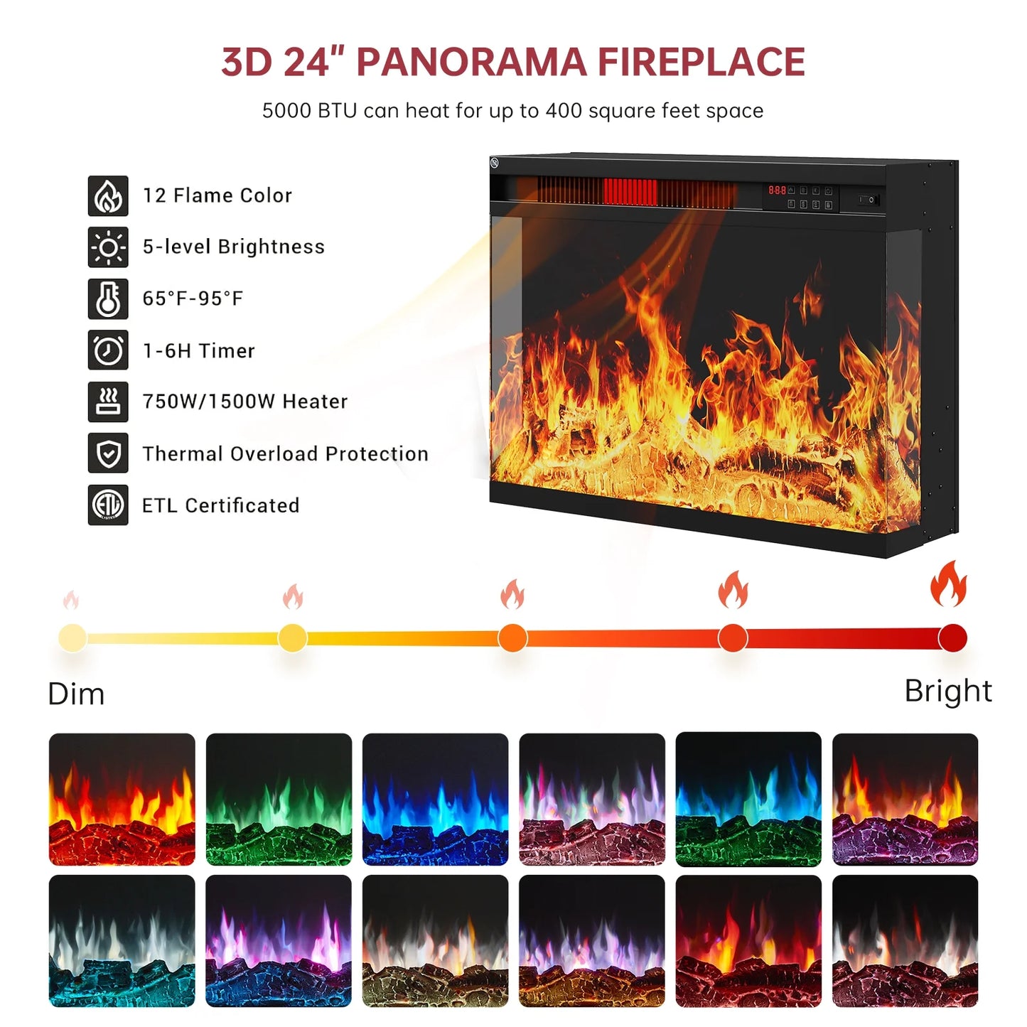 Easoger Fireplace TV Stand for TVs up to 65", 12 Flame Colors&12 LED Light Colors, TV Console with 3-Sided Glass Fireplace, for Living Room, Gray