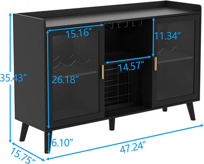 LED Wine Bar Cabinet, Home Coffee Bar Cabinet With Wine Racks and Glass Holders, Buffet Sideboard With Acrylic Doors and Drawer for Dining Room, Bar, Living Room, Black