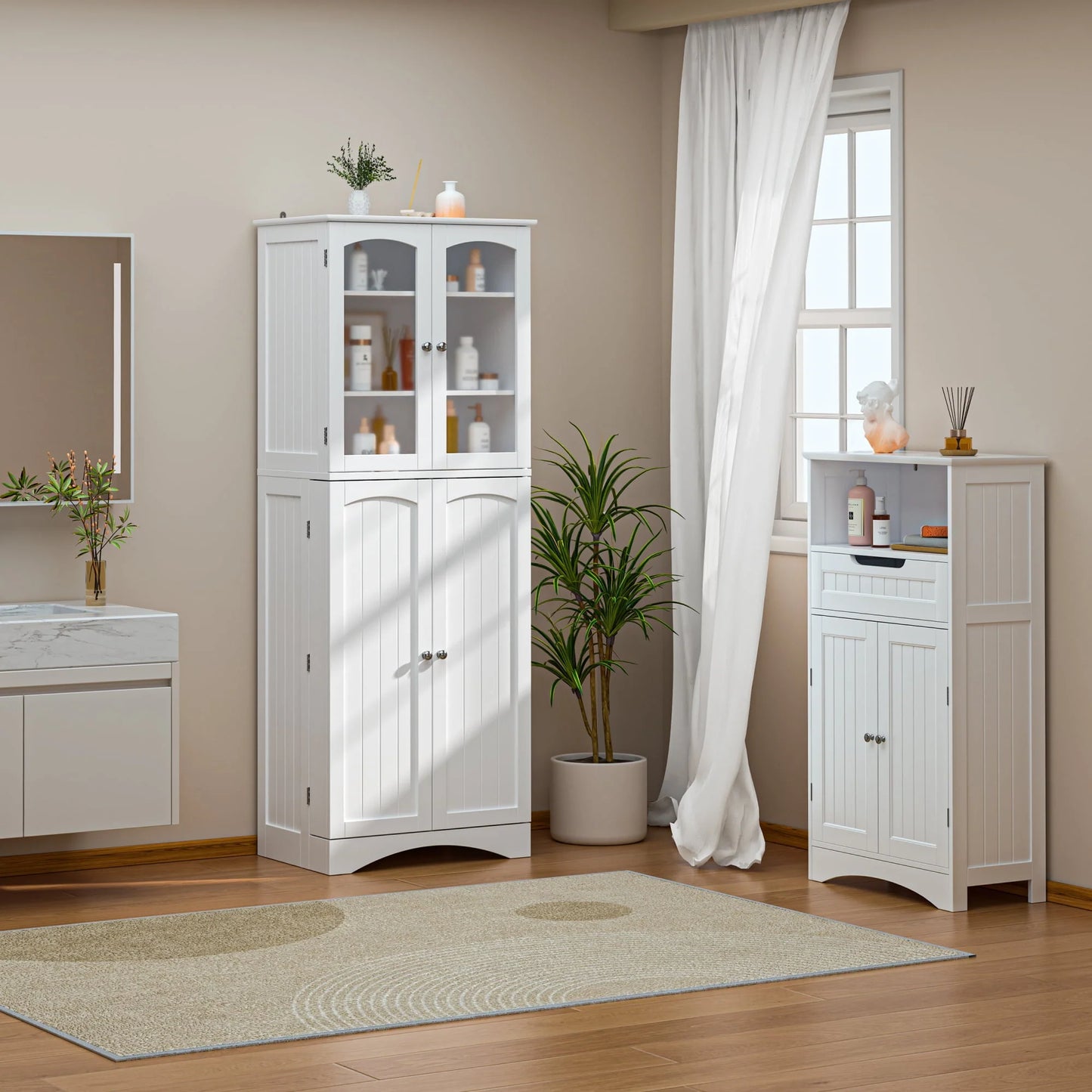 Lofka Kitchen Food Pantry Cabinet, 64" Tall Storage Cabinet with Frosted Glass Doors and Adjustable Shelves, White
