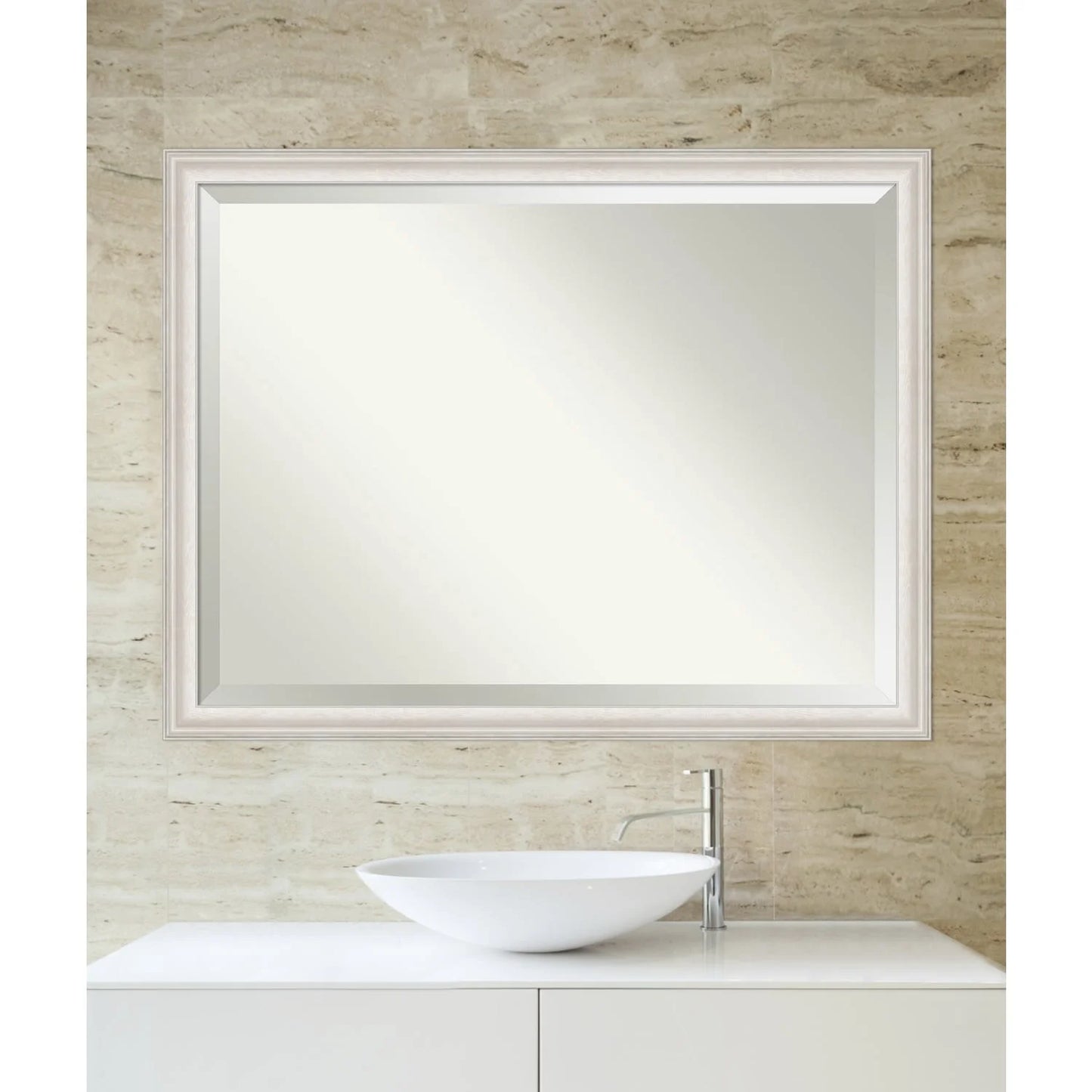 Amanti Art Wall Mounted Framed Vanity Mirror, Glass Size 40x30, Trio White Wash Silver