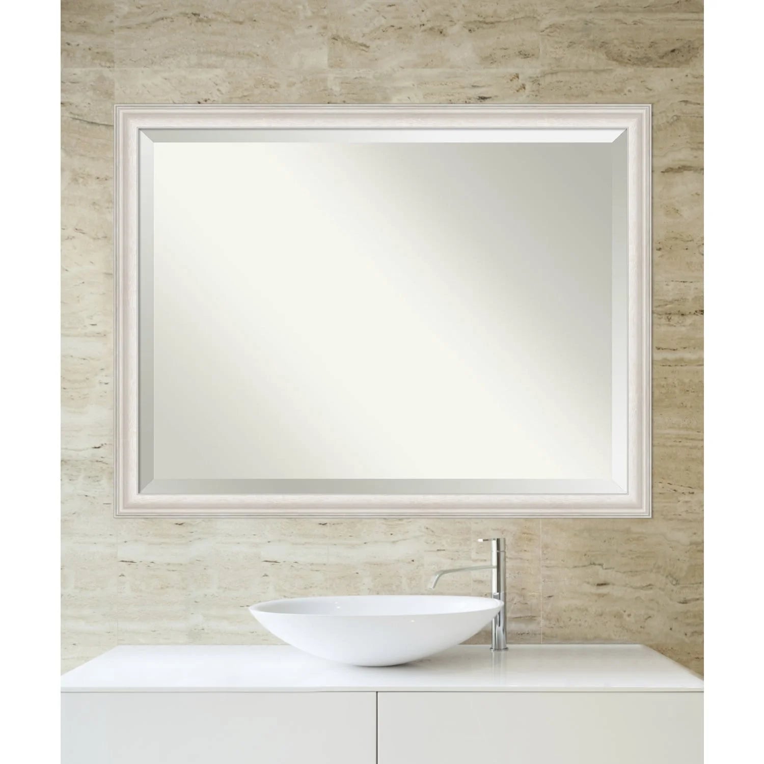 Amanti Art Wall Mounted Framed Vanity Mirror, Glass Size 40x30, Trio White Wash Silver