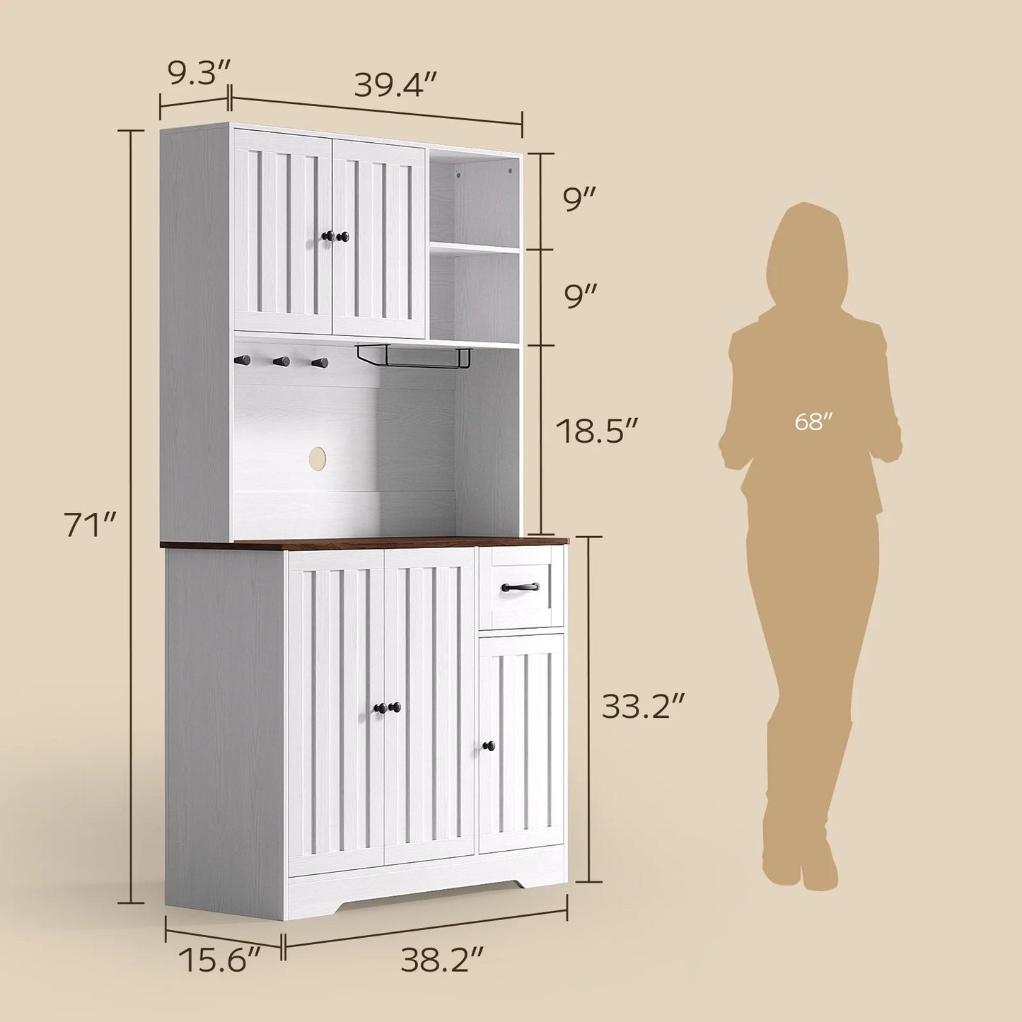 Coffee Bar, 71" Tall Kitchen Pantry Cabinet with Microwave Shelf, 5 Doors, 1 Drawers, 8 shelves, Wine glass rack, 4 Hooks, Cable Management