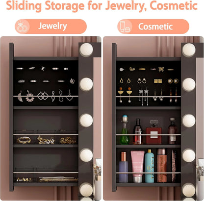 Vanity Desk with Power Outlet, Makeup Vanity with Mirror and 14 LED Light, 3 Lighting Modes,11 Drawer Vanity Table with Sliding Jewelry Storage, Glass Top, Specular Surface