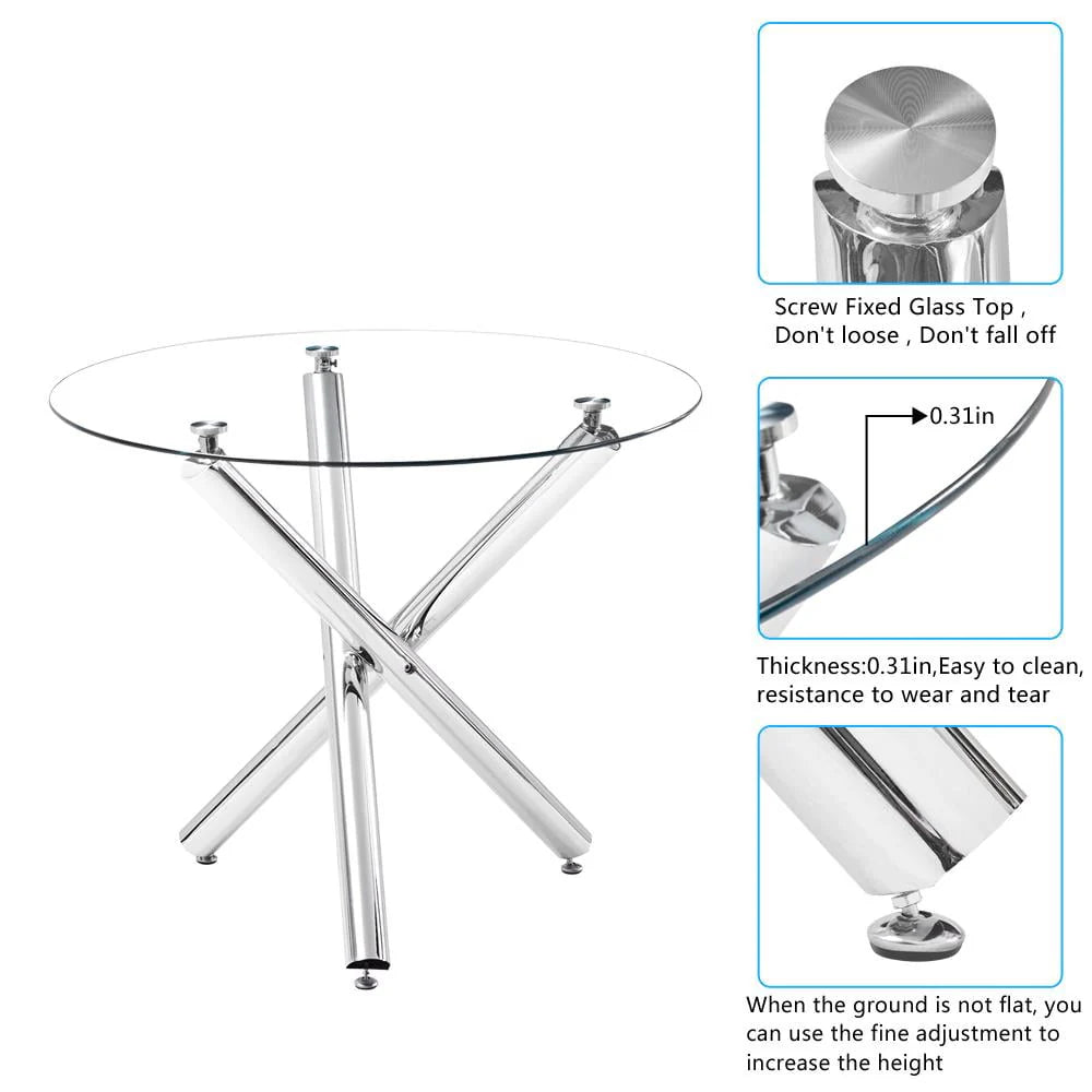 Ktaxon 5 Piece Round Dining Table Set, Modern Kitchen Table and Chairs for 4 Person Clear Tempered Glass Top