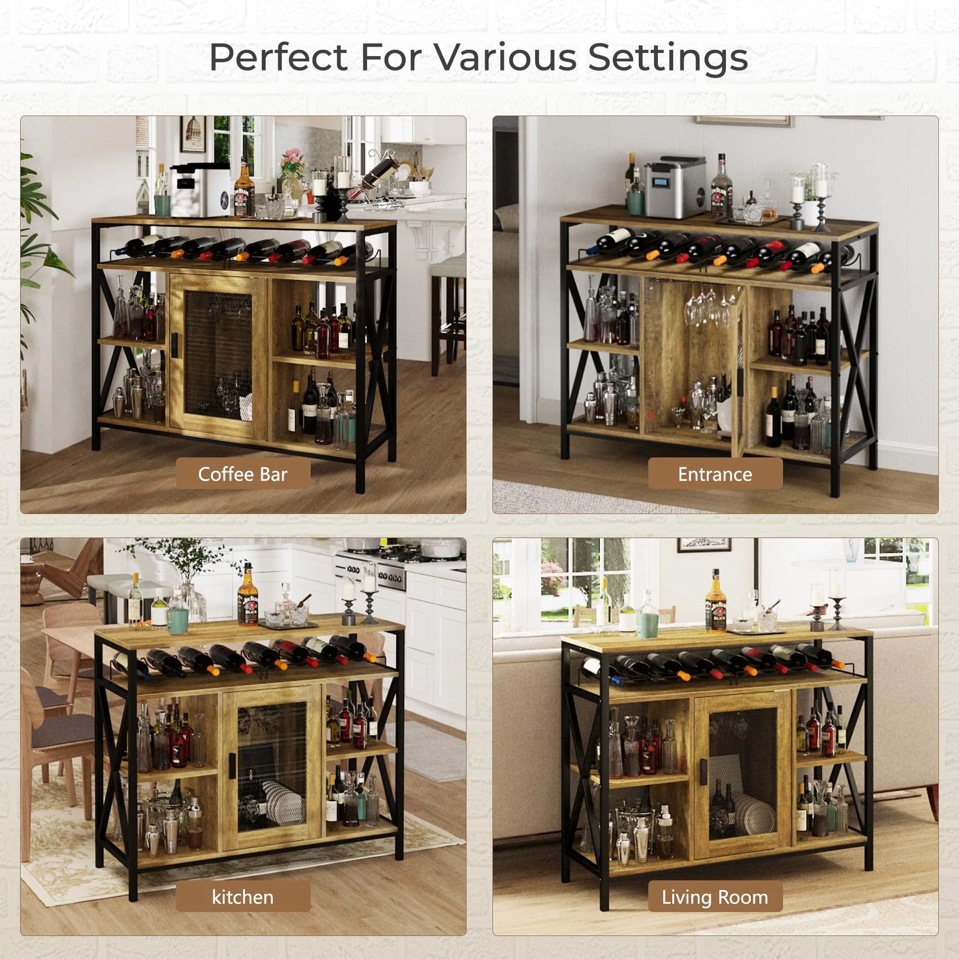 Vividwood Wine Bar Cabinet with Storage, Industrial Liquor Cabinet with Wine Rack & Glass Holder, Small Wood Metal Cart Bar Alcohol Table Sideboard Buffet for Home Kitchen Living Room, Oak