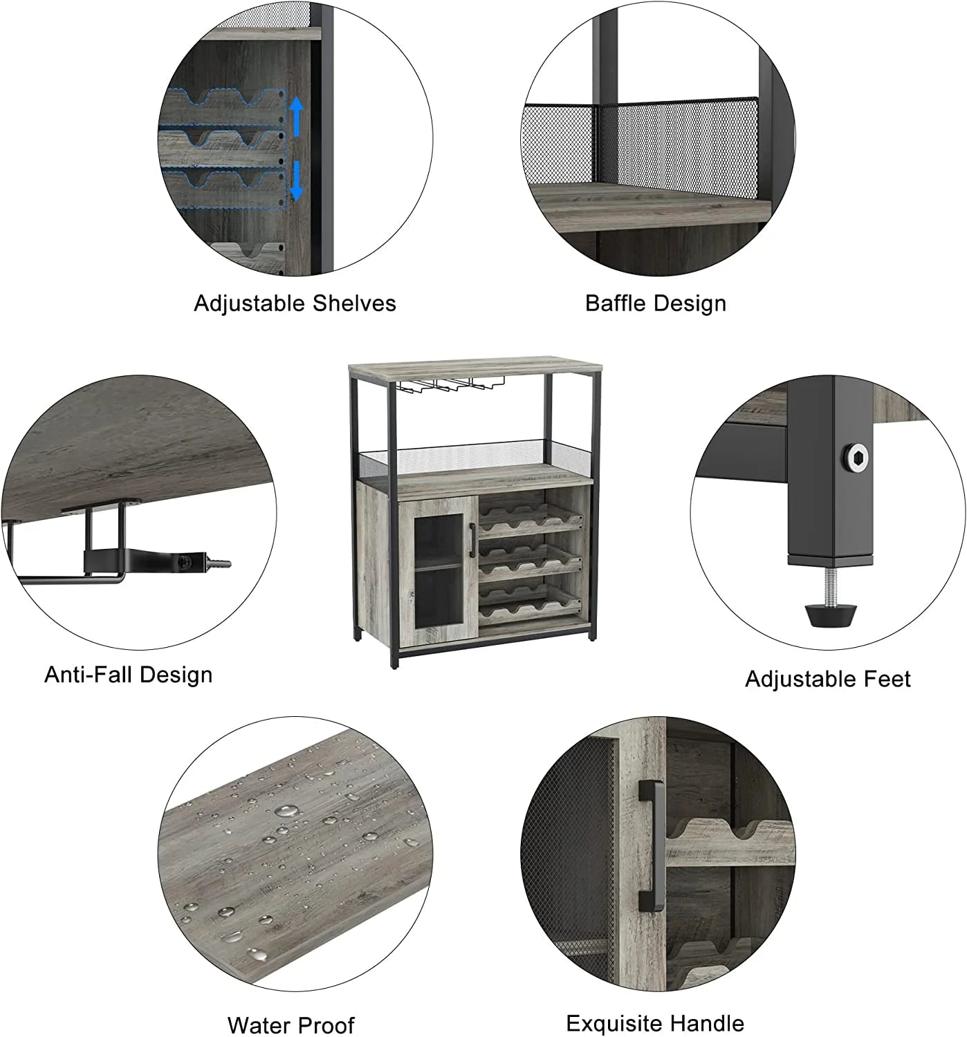 Wine Bar Cabinet, Liquor Storage Cabinet with Detachable Wine Rack, Small Coffee Bar with Glass Holder & Mesh Door, Buffet Sideboard for Dining Room, Kitchen, Living Room, Grey