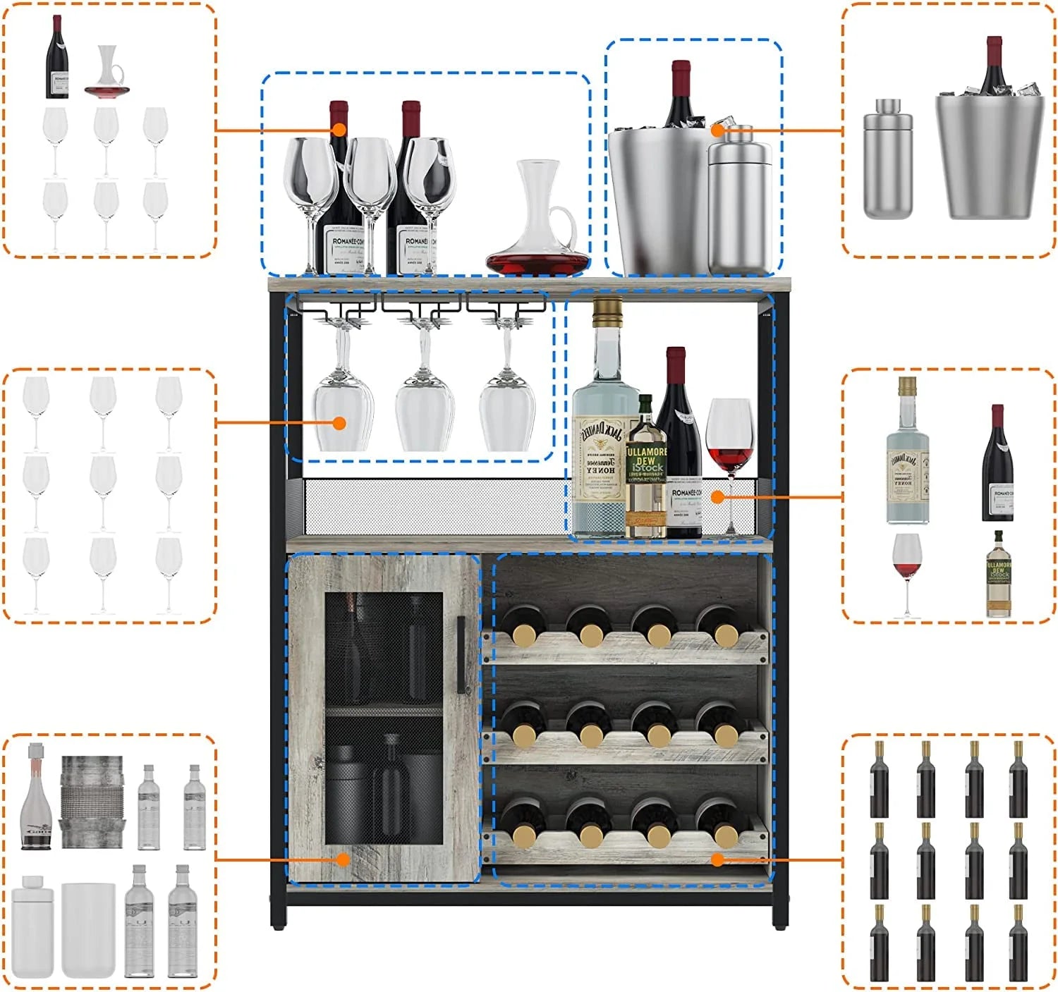 Litake Wine Bar Rack Cabinet with Detachable Wine Rack, Bar Cabinet with Glass Holder, Small Sideboard and Buffet Cabinet with Mesh Door, Rustic Brown