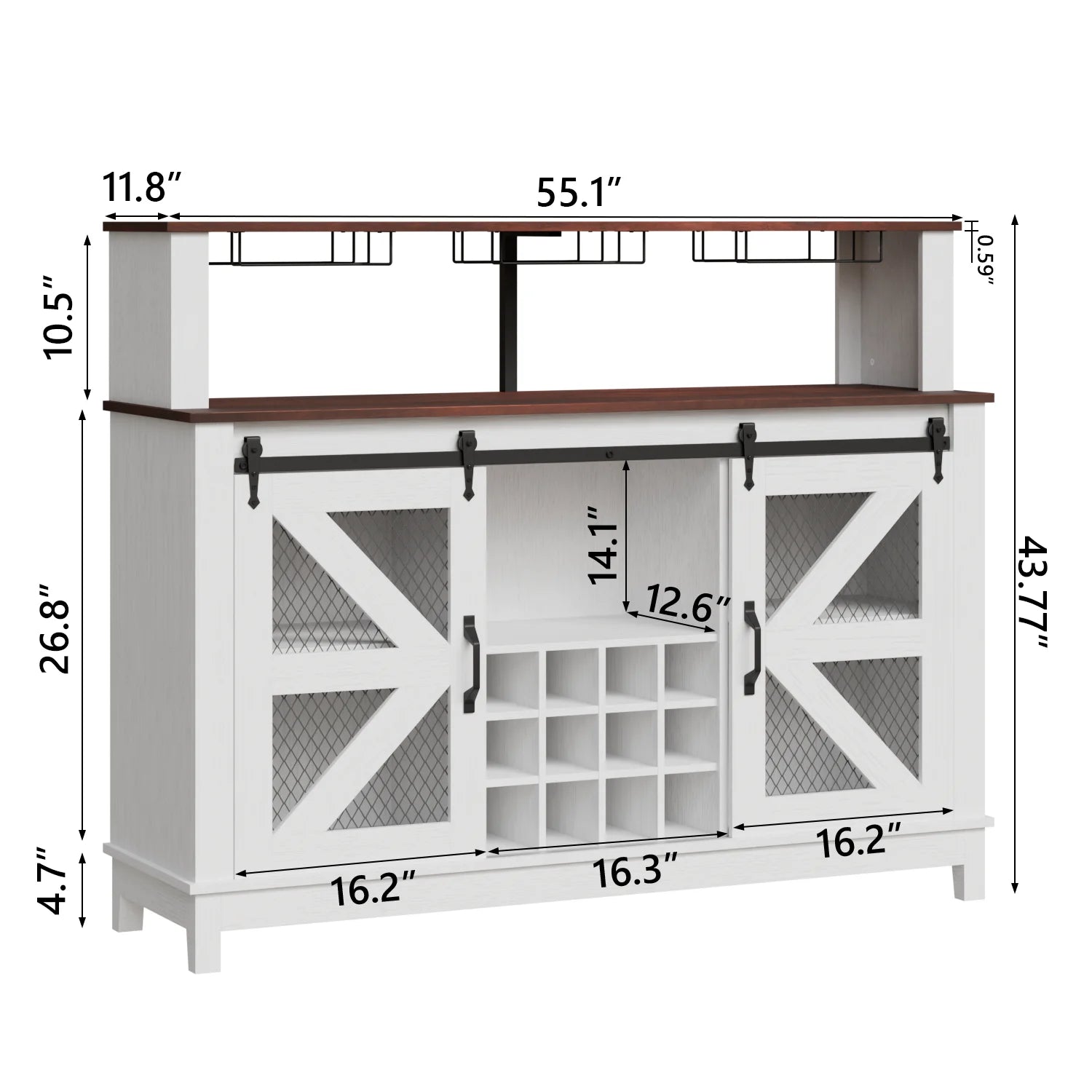 Waleaf Farmhouse Coffee Bar Cabinet with LED Lights, 55" Wine Bar Buffet Cabinet w/Sliding Barn Door & Wine and Glass Rack for Dining Room