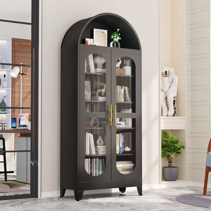 Erosoei 73" Metal Arched Display Cabinet with Glass Doors and Adjustable Shelves for Collectibles