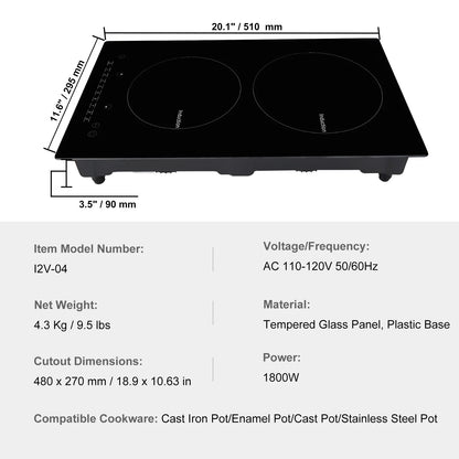 KFFKFF 12" Electric Cooktop, 1800W 2 Burners Ceramic Glass Stove Top Touch Control Built-in Magnetic Cooktop w/9 Heating Level Child Lock & Over-Temperature Protection