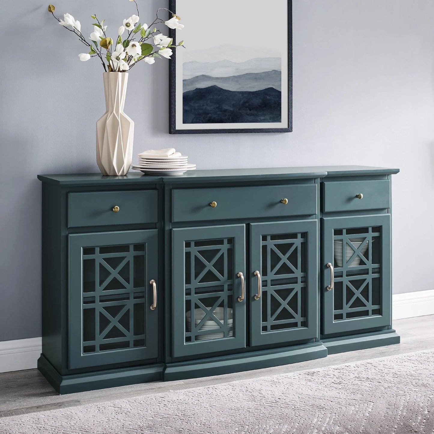 Walker Edison Classic Tiered-Front Trellis Glass Door Sideboard/TV Stand for TVs up to 65", Dark Teal