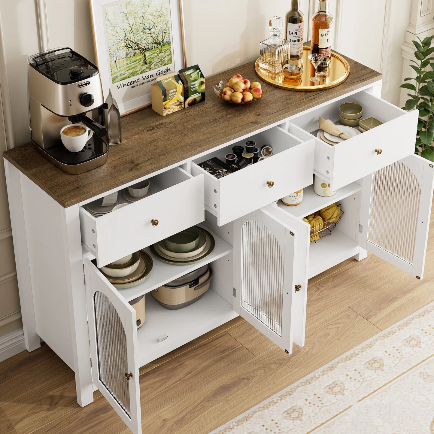 Homfa 55'' Large Sideboard Buffet Cabinet, Kitchen Storage Cabinet with 3 Drawers and 4 Glass Doors, Wood Coffee Bar Cabinet for Living Room, White