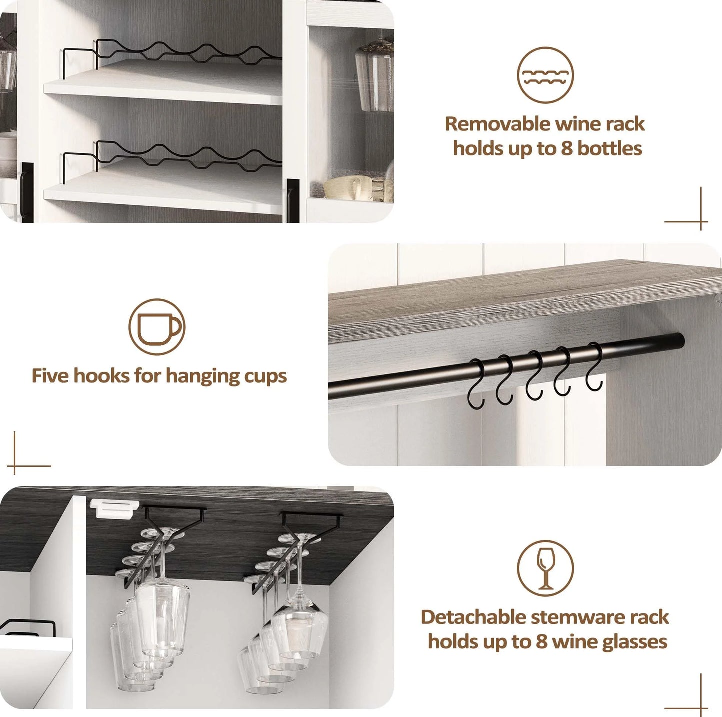 Vividwood Buffet Cabinet with Storage, 47'' Farmhouse Coffee Bar Cabinet with Wine Rack and Glass Goblet Holder, Bar Station Wood Kitchen Table for Dining Room, Living Room, White/Brown