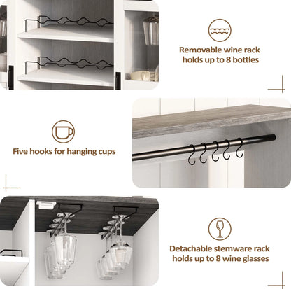 Vividwood Buffet Cabinet with Storage, 47'' Farmhouse Coffee Bar Cabinet with Wine Rack and Glass Goblet Holder, Bar Station Wood Kitchen Table for Dining Room, Living Room, White/Brown