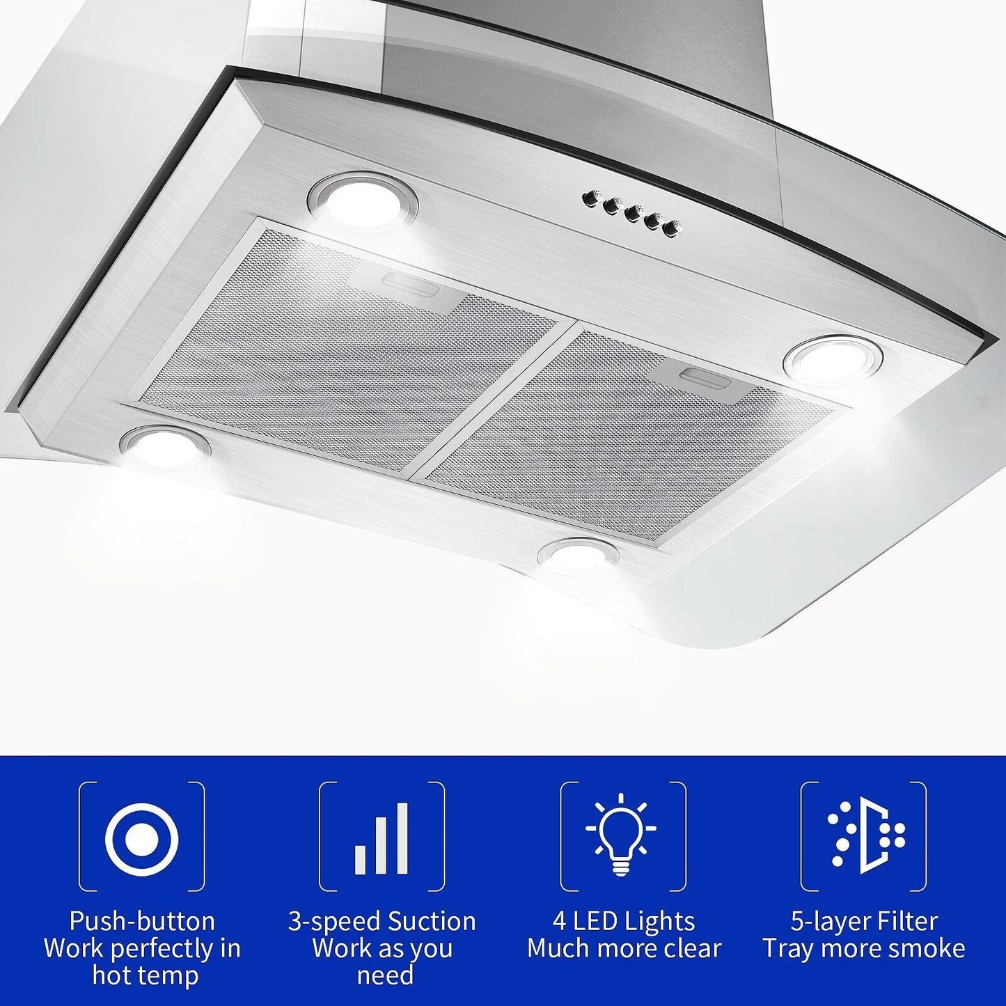 30 inch Island Mount Range Hood 900CFM Tempered Glass 3-Speed Vent Hood Stainless Steel Dishwasher