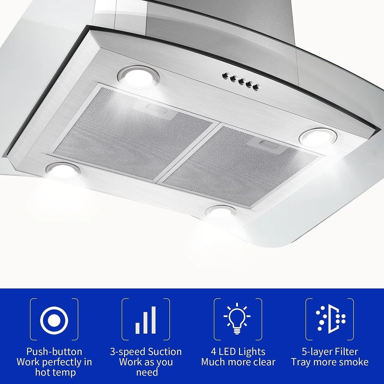30 inch Island Mount Range Hood 900CFM Tempered Glass 3-Speed Vent Hood Stainless Steel Dishwasher
