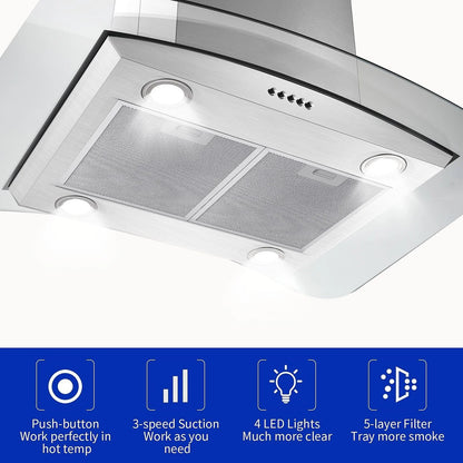 30 inch Island Mount Range Hood 900CFM Tempered Glass 3-Speed Vent Hood Stainless Steel Dishwasher