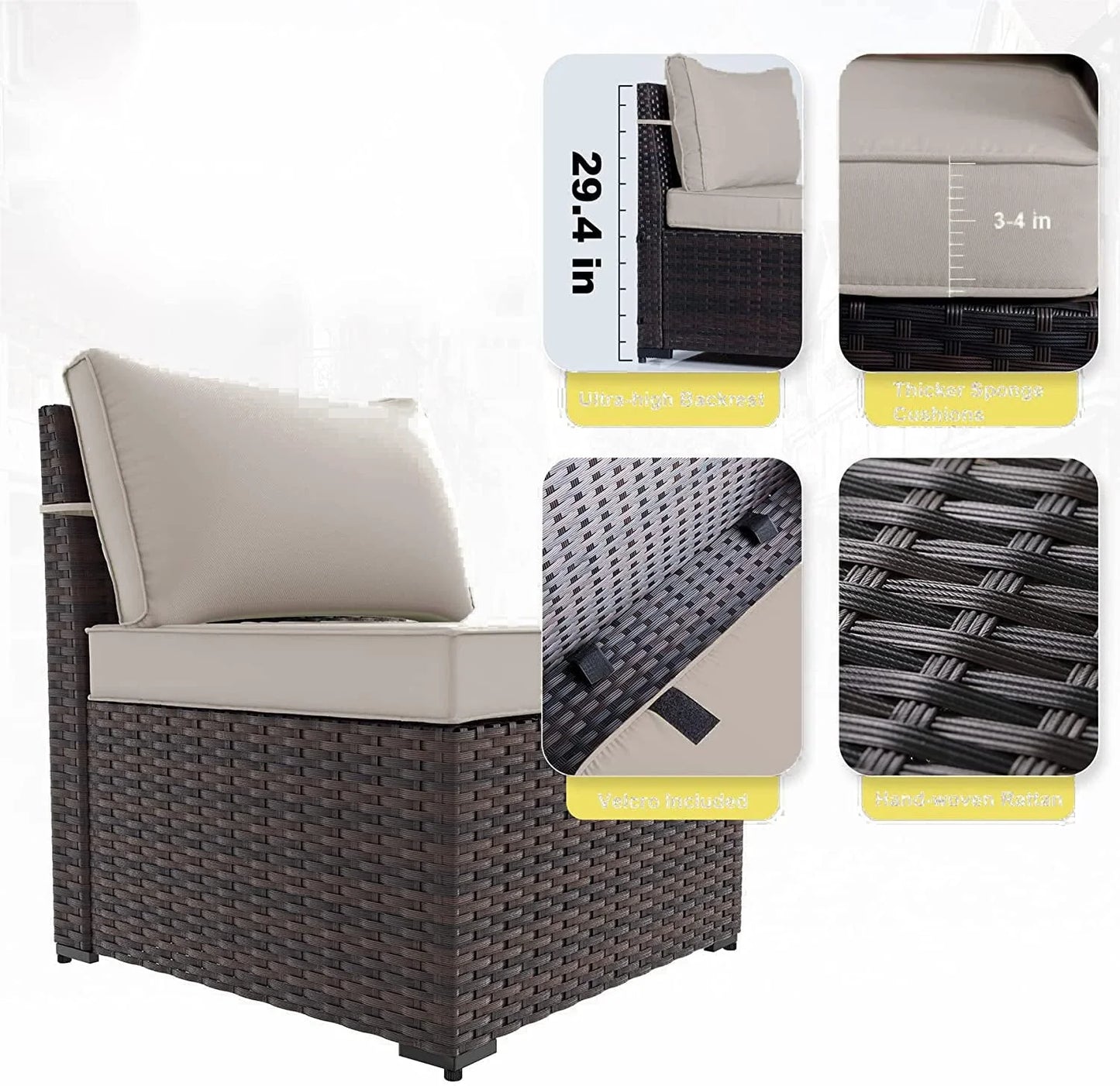 Grezone 6 Pieces Patio Outdoor Furniture Sets All Weather Wicker Sectional Sofa Couch Lawn Sectional Furniture with Washable Couch Cushions and Black glass Wicker Table (Cream)