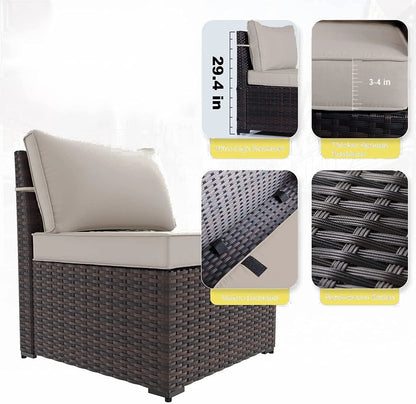 Grezone 6 Pieces Patio Outdoor Furniture Sets All Weather Wicker Sectional Sofa Couch Lawn Sectional Furniture with Washable Couch Cushions and Black glass Wicker Table (Cream)