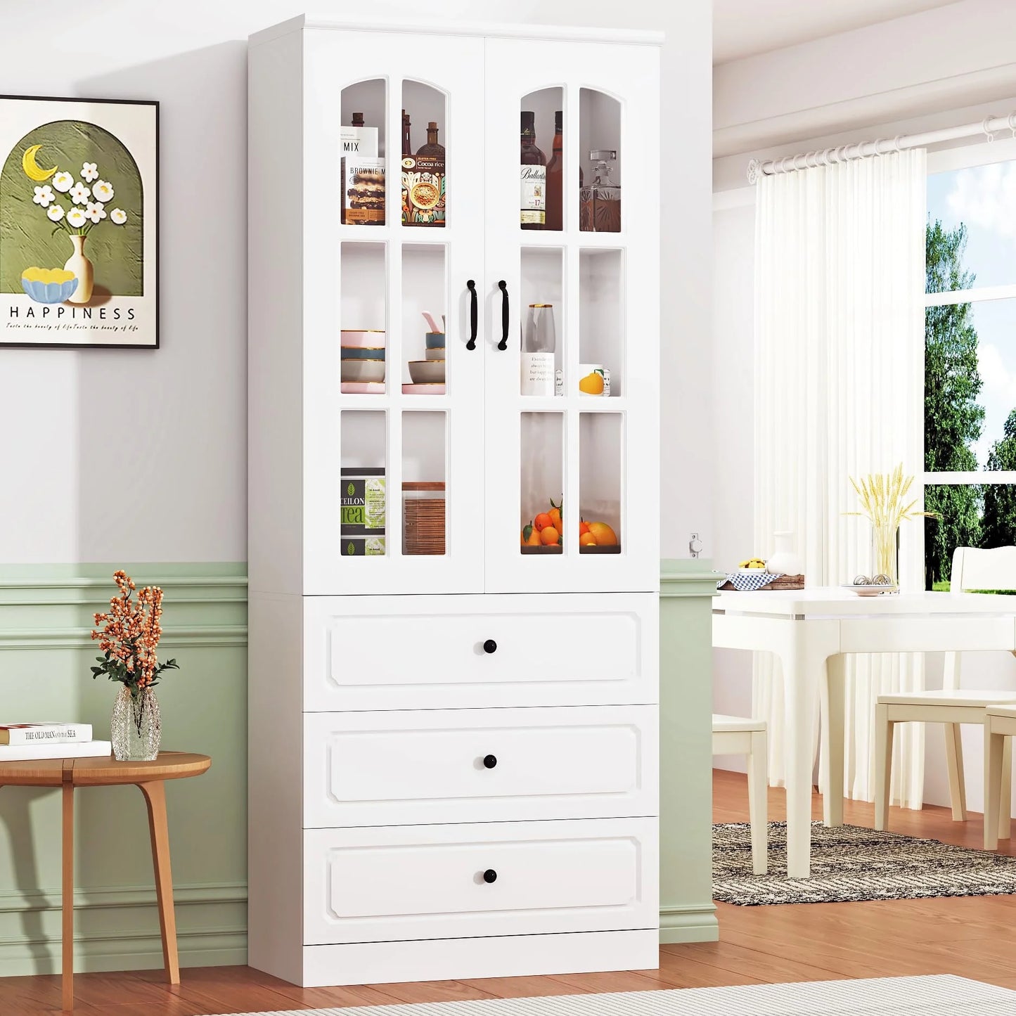 Blotout 78.7" Tall Kitchen Pantry Cabinet with 2 Glass Doors, Large Drawer Storage Cabinet with Shelves, Freestanding Storage Cabinet for Dining Room and Living Room
