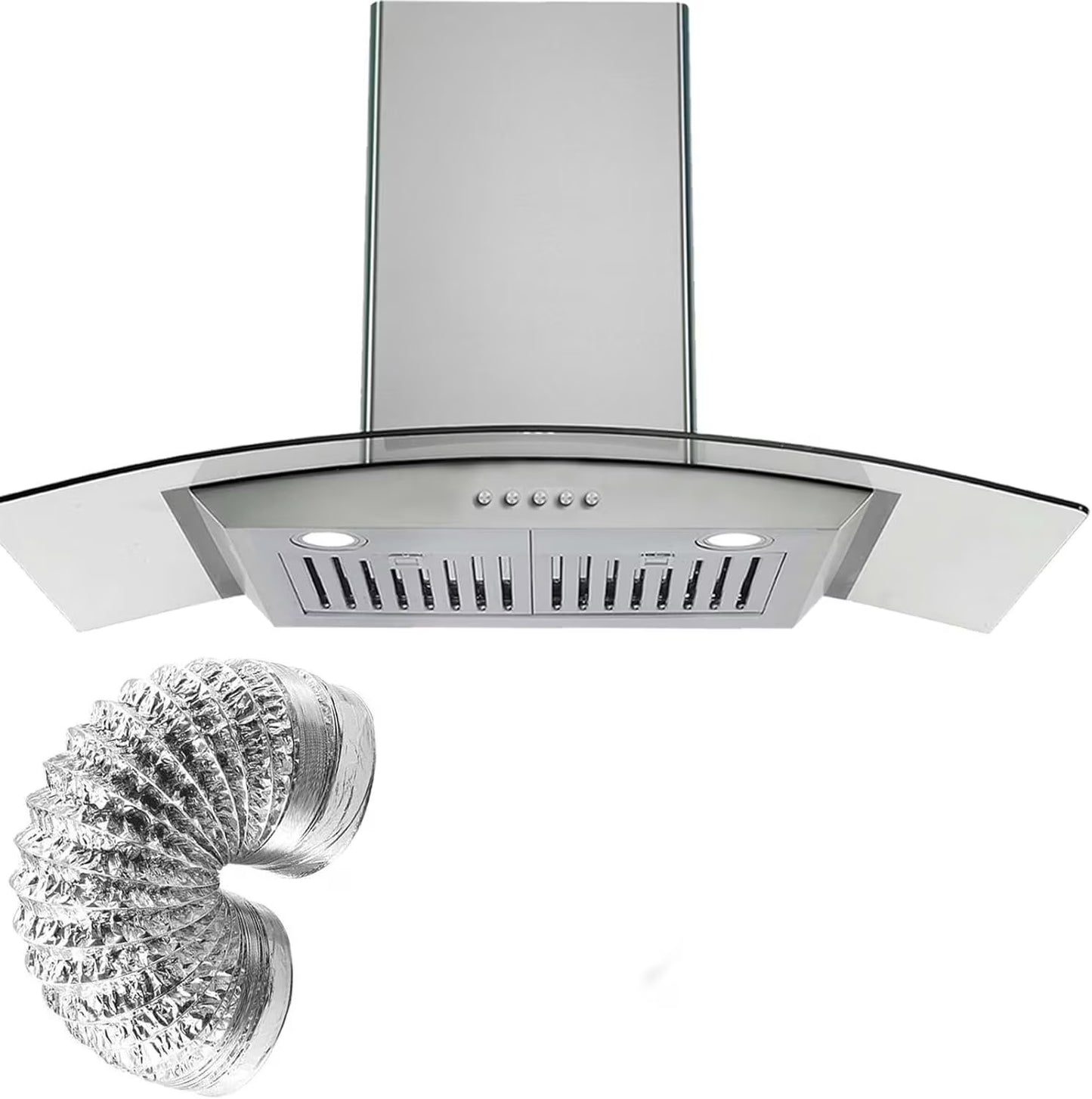STRELECT 30 Inch Curved Glass Range Hood, 400 CFM Ductless/Ducted Convertible Stove Vent Hood with Chimney, 3 Speed Fan, LED Light, Button Control Vent Hood for Stove Kitchen